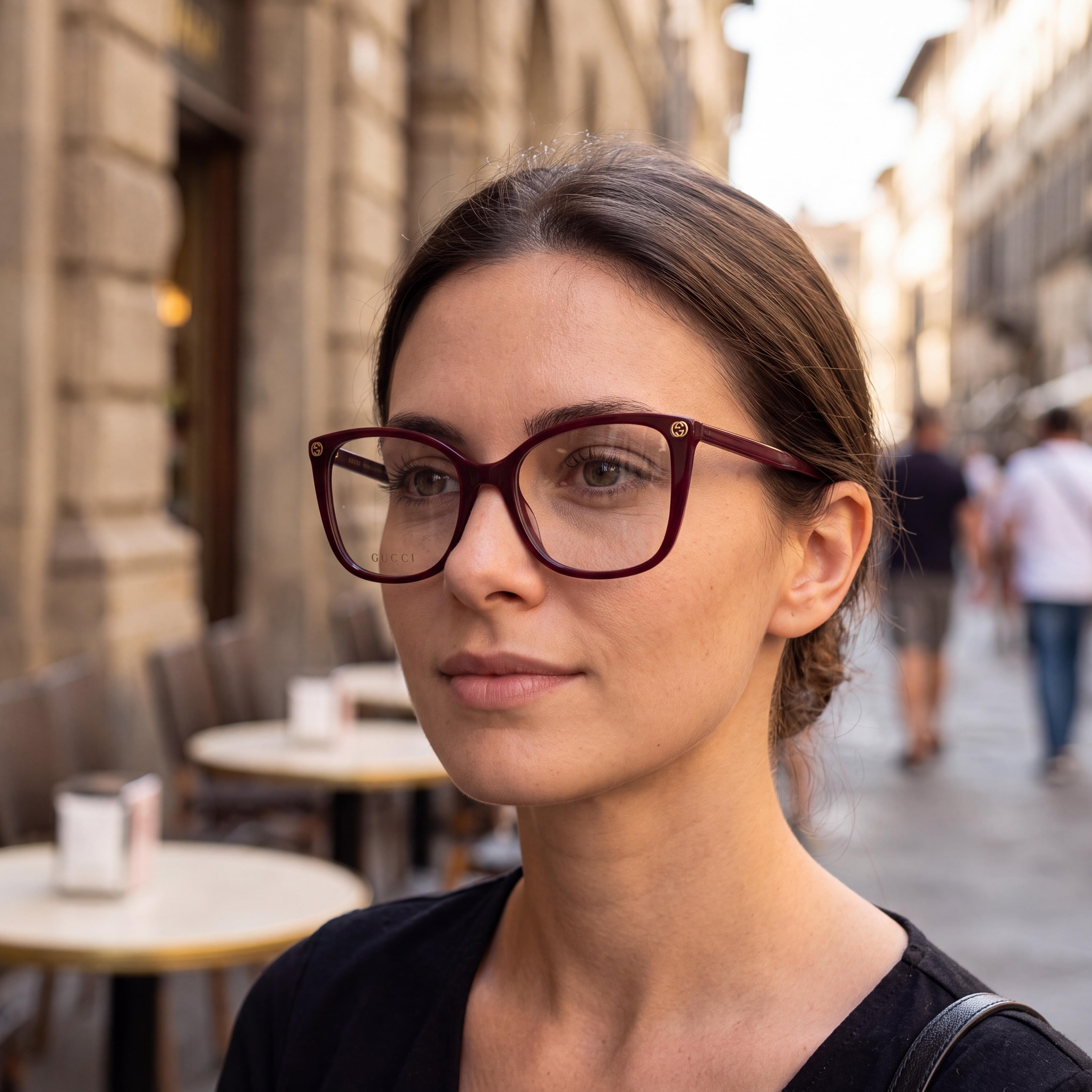 Gafas ópticas Gucci Gg0026o-012 para mujer, montura completa de ojo de gato, de plástico, color borgoña con logo dorado, 53 mm, Photo 3