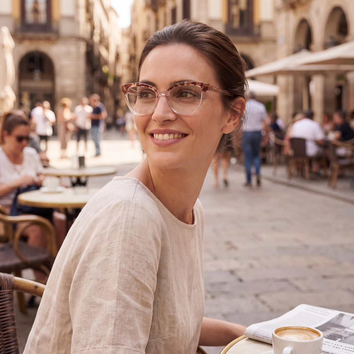 Montura óptica cuadrada para mujer TOUS de acetato de celulosa rosa transparente de 53 mm, lista para graduar, con lentes de demostración transparentes, Photo 6