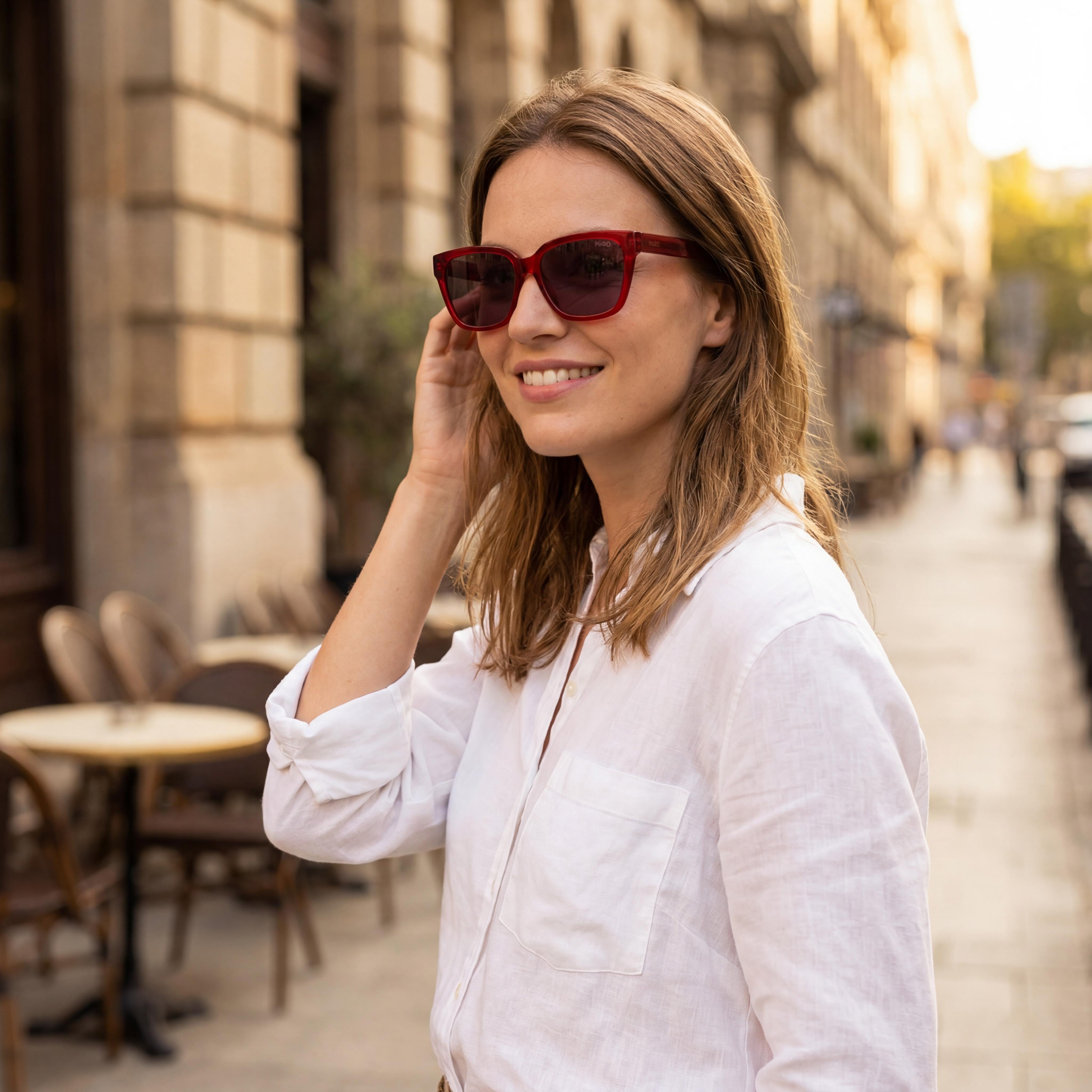 HUGO Contemporary Women's Acetate Frame Sunglasses in Red Pink with Non-Polarized Red Lenses 56mm, Photo 4