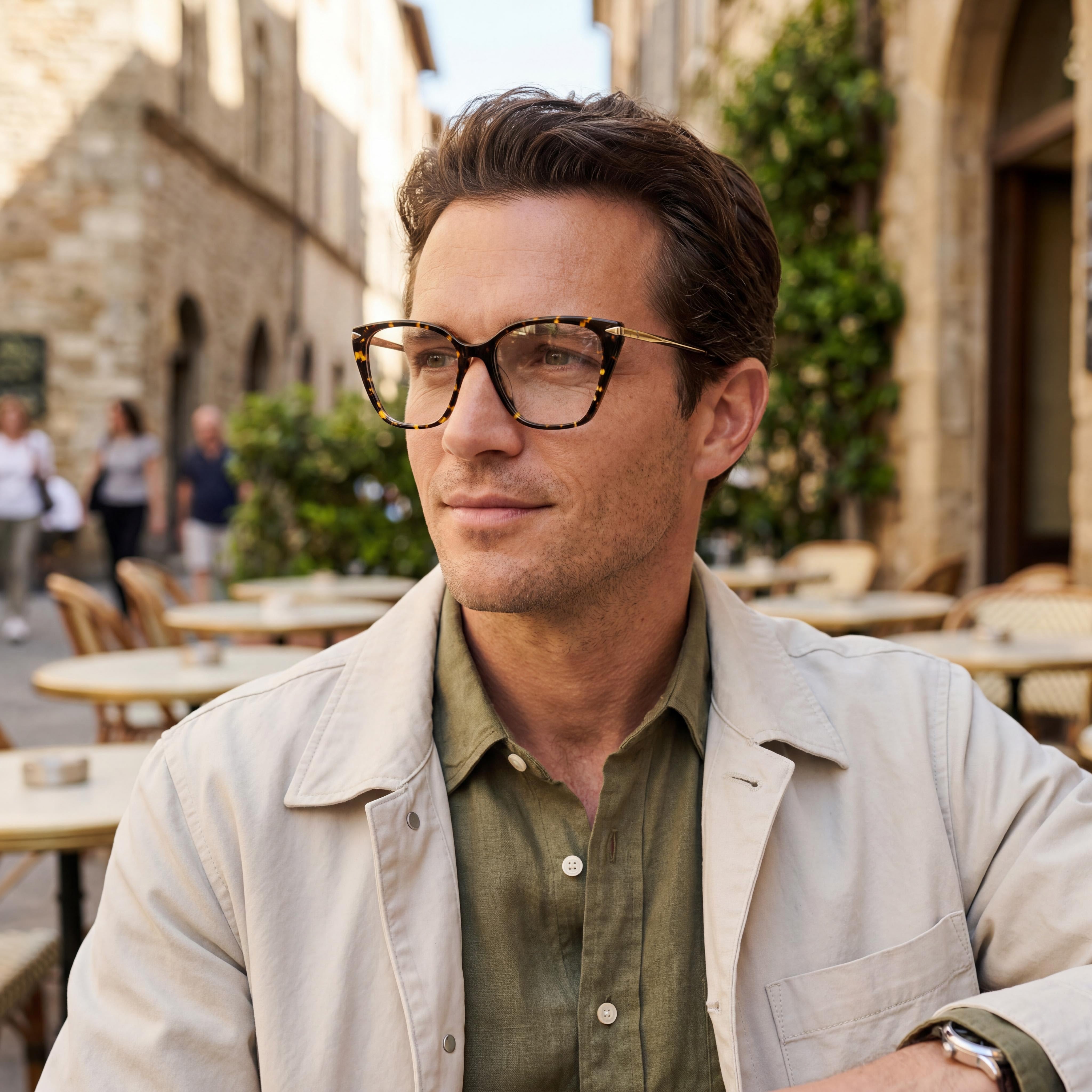 Monturas ópticas para hombre Rag & Bone Eyewear, montura de acetato color dorado habana, lentes de policarbonato transparente, ancho de lente de 53 mm, Photo 5