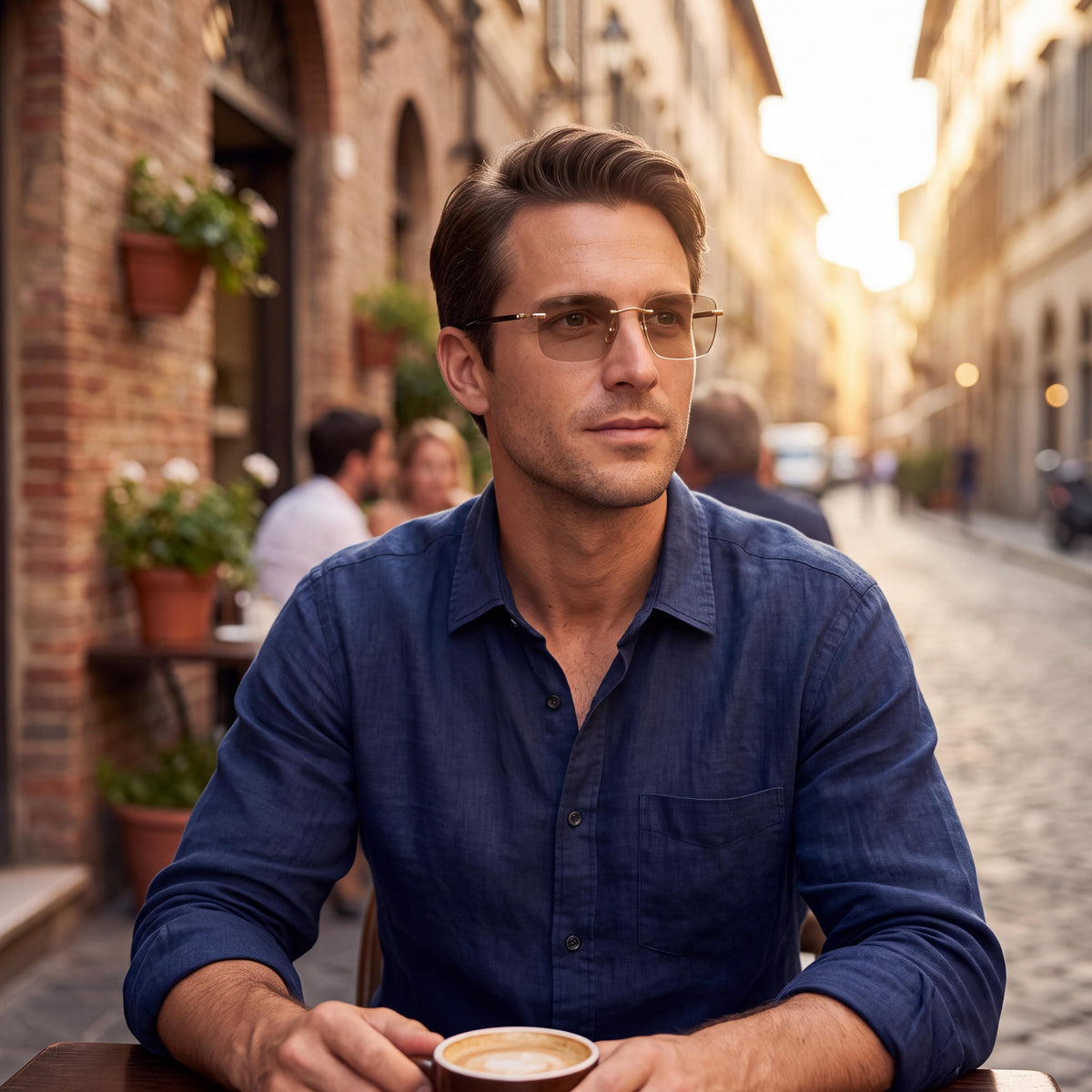 Monturas ópticas para hombre MONTBLANC 0274o-001 de lujo minimalista en acetato dorado, transparente y negro, 58 mm, Photo 6