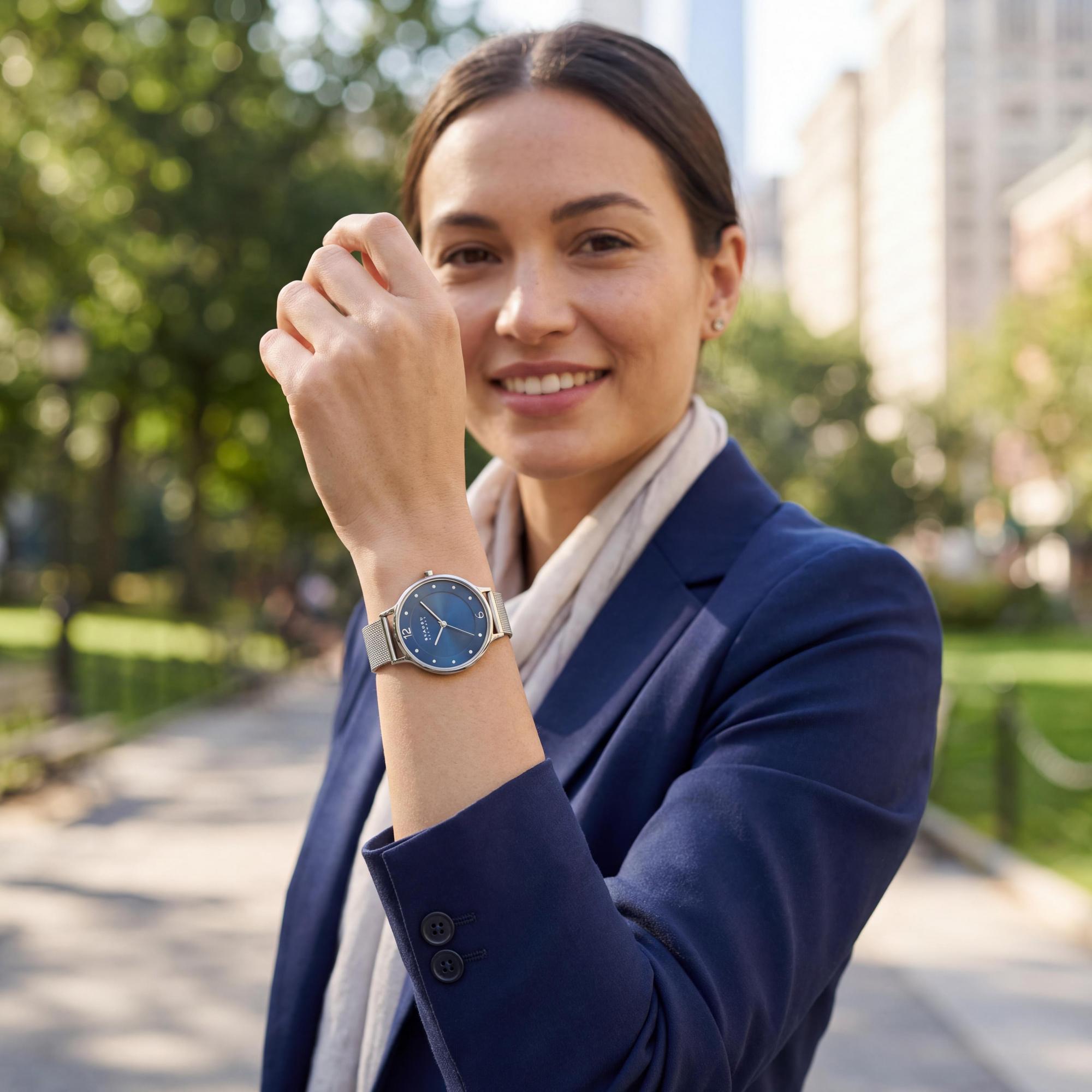 SKAGEN DENMARK Reloj analógico de cuarzo Anita Lille para mujer, de acero inoxidable, con esfera azul y malla plateada, segundero y resistente al agua hasta 30 m., Photo 5