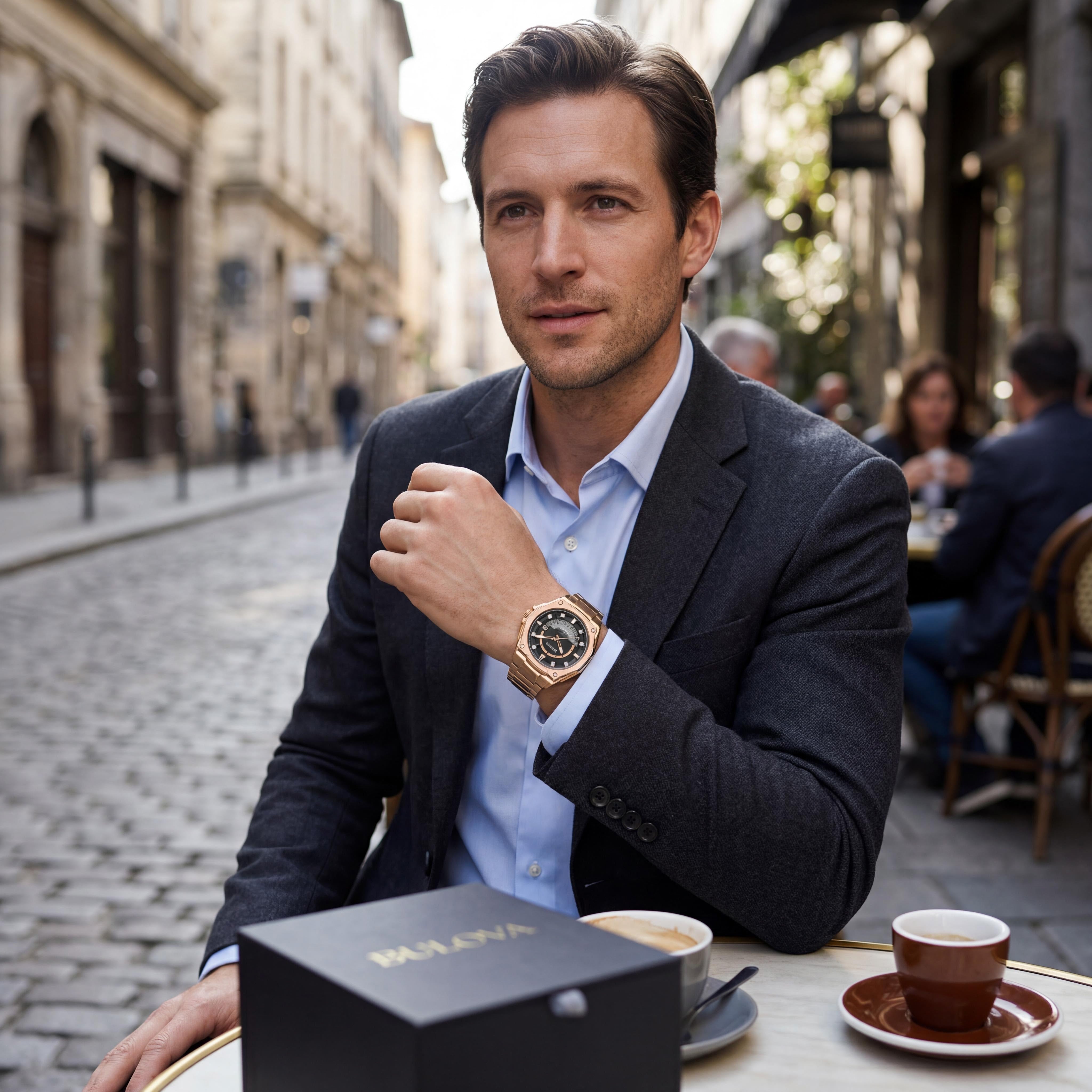 Reloj Bulova para hombre de la serie X de cuarzo, brazalete de acero inoxidable en tono oro rosa, diamantes luminosos y esfera negra de 47 mm, Photo 4