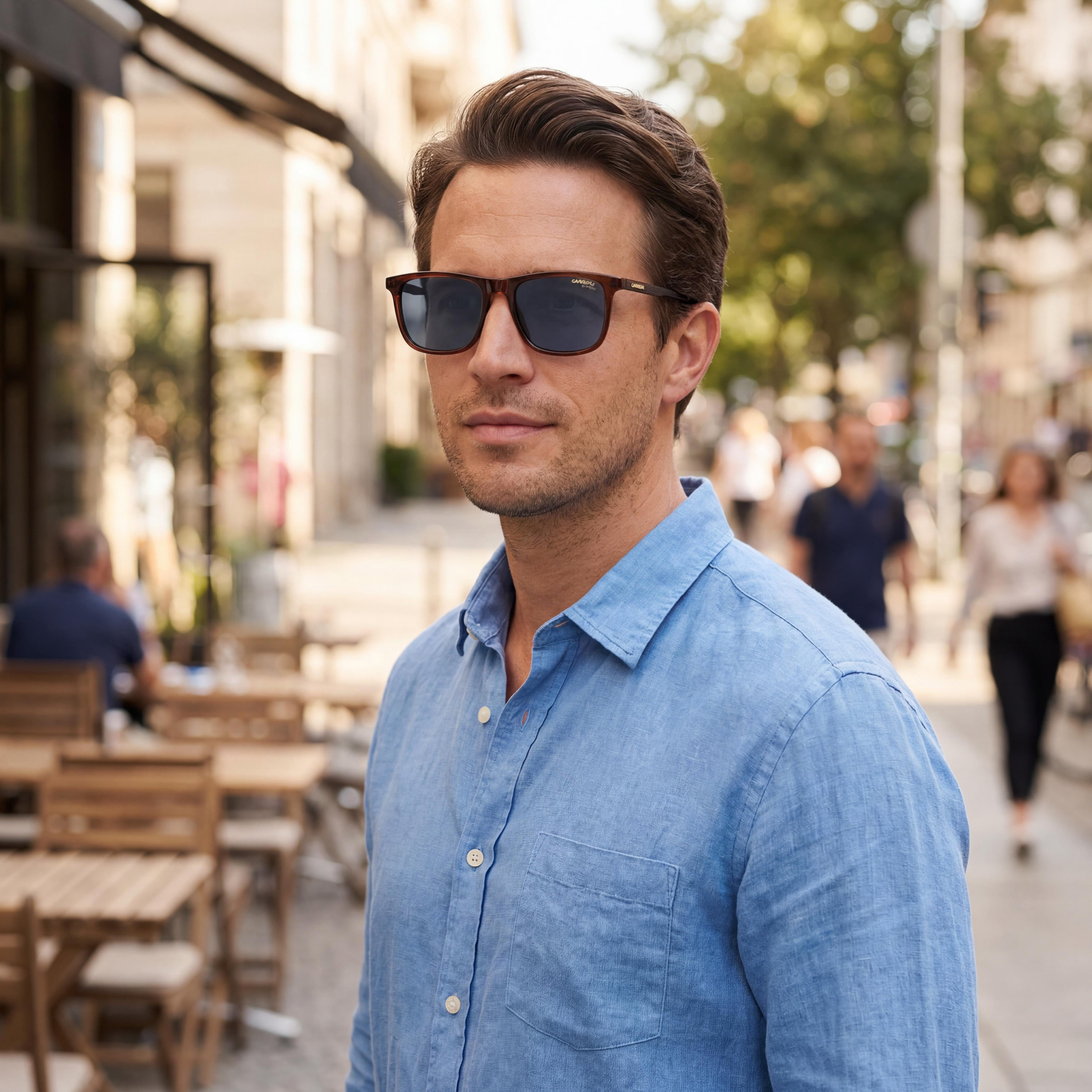 Gafas de sol Carrera Classic rectangulares para hombre, ligeras, con montura de propionato marrón y lentes azules, 53 mm, Photo 6