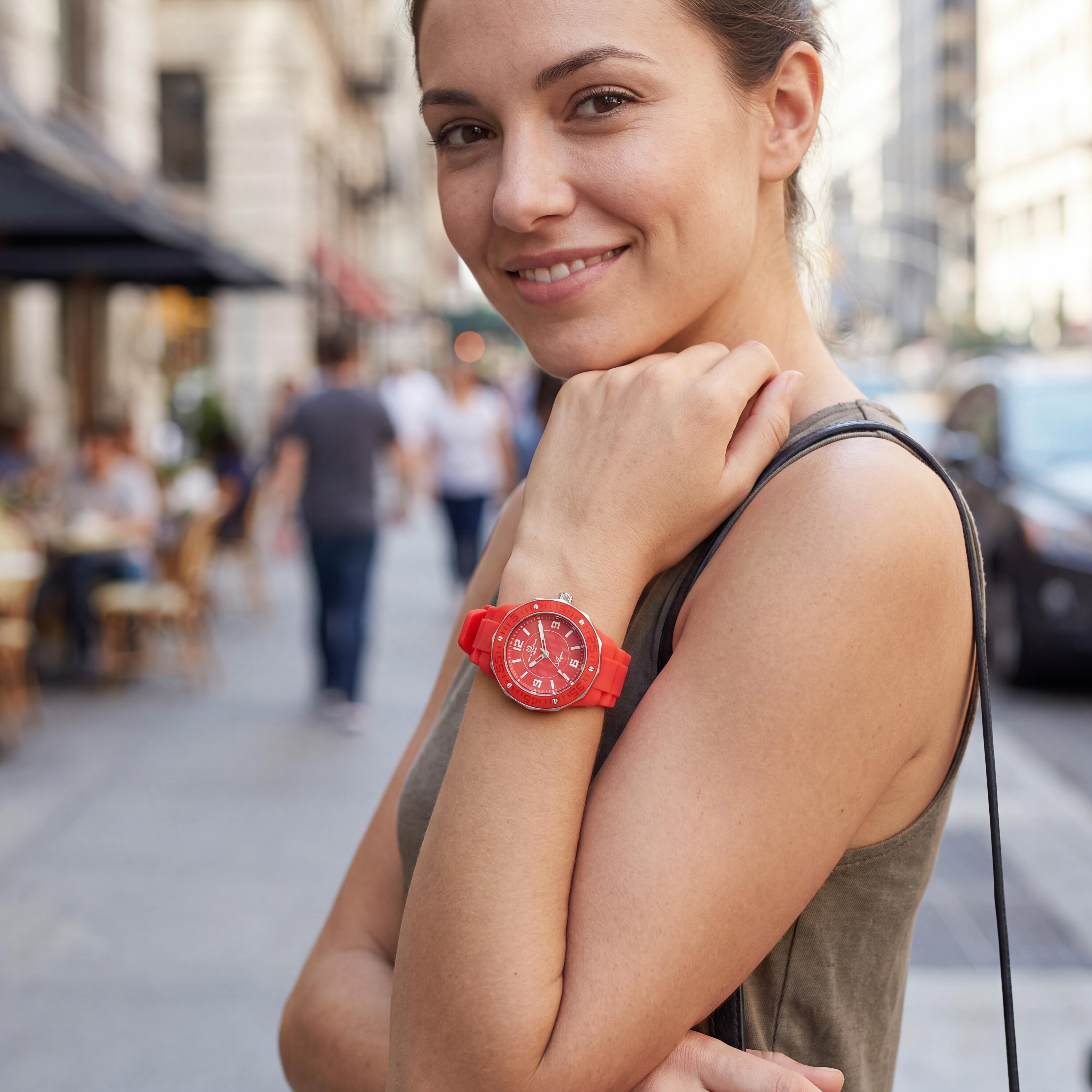 Reloj Oceanaut de cuarzo para mujer, esfera roja, correa de silicona, detalles en oro rosa, resistente a los arañazos, resistente al agua, 42 mm, Photo 4
