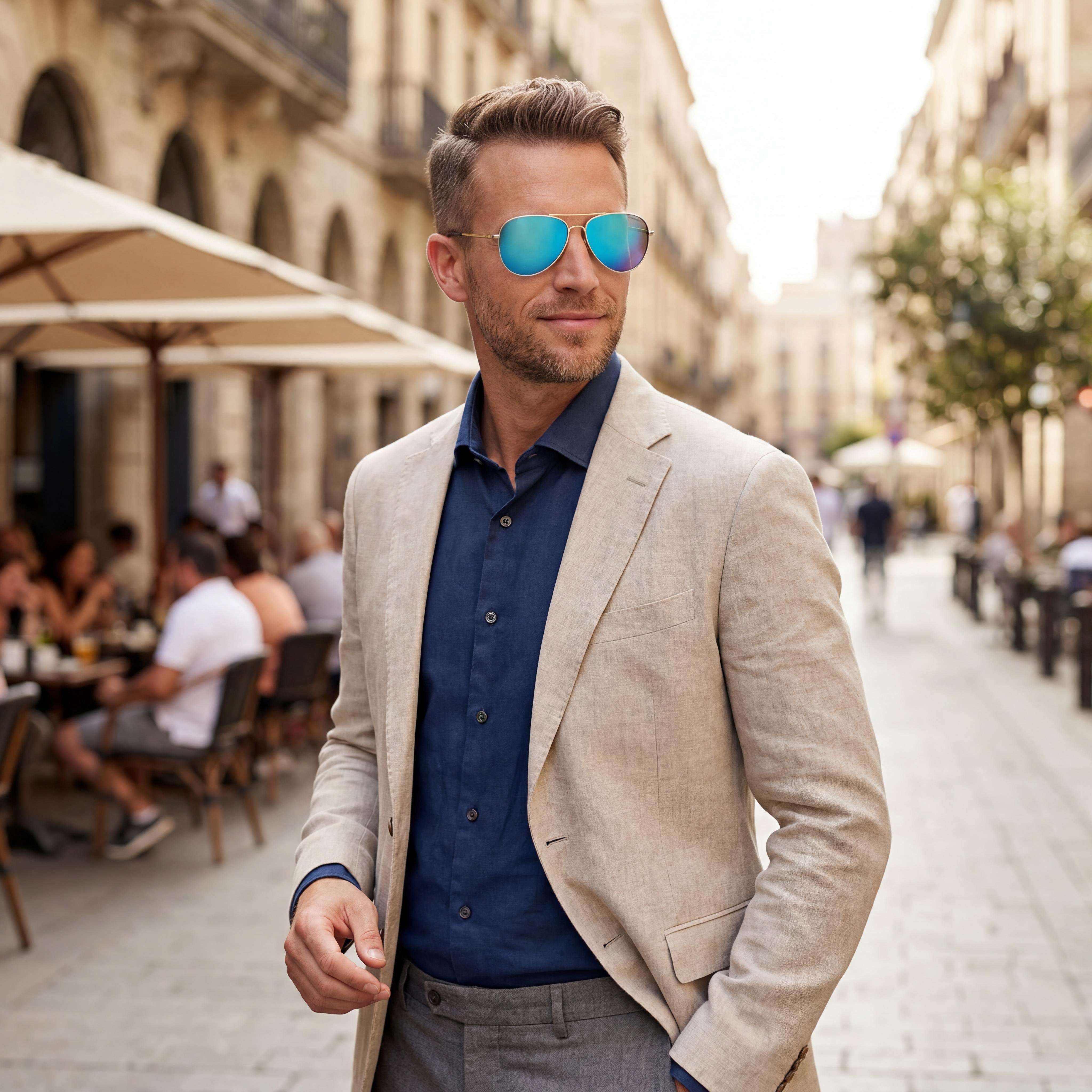 Polaroid Gafas de Sol de Aviador para Hombre, Montura Metálica Dorada, Lentes Antirreflectantes Grises y Azules Espejados, Protección UV 400, Ancho de Lente 54mm, Photo 6