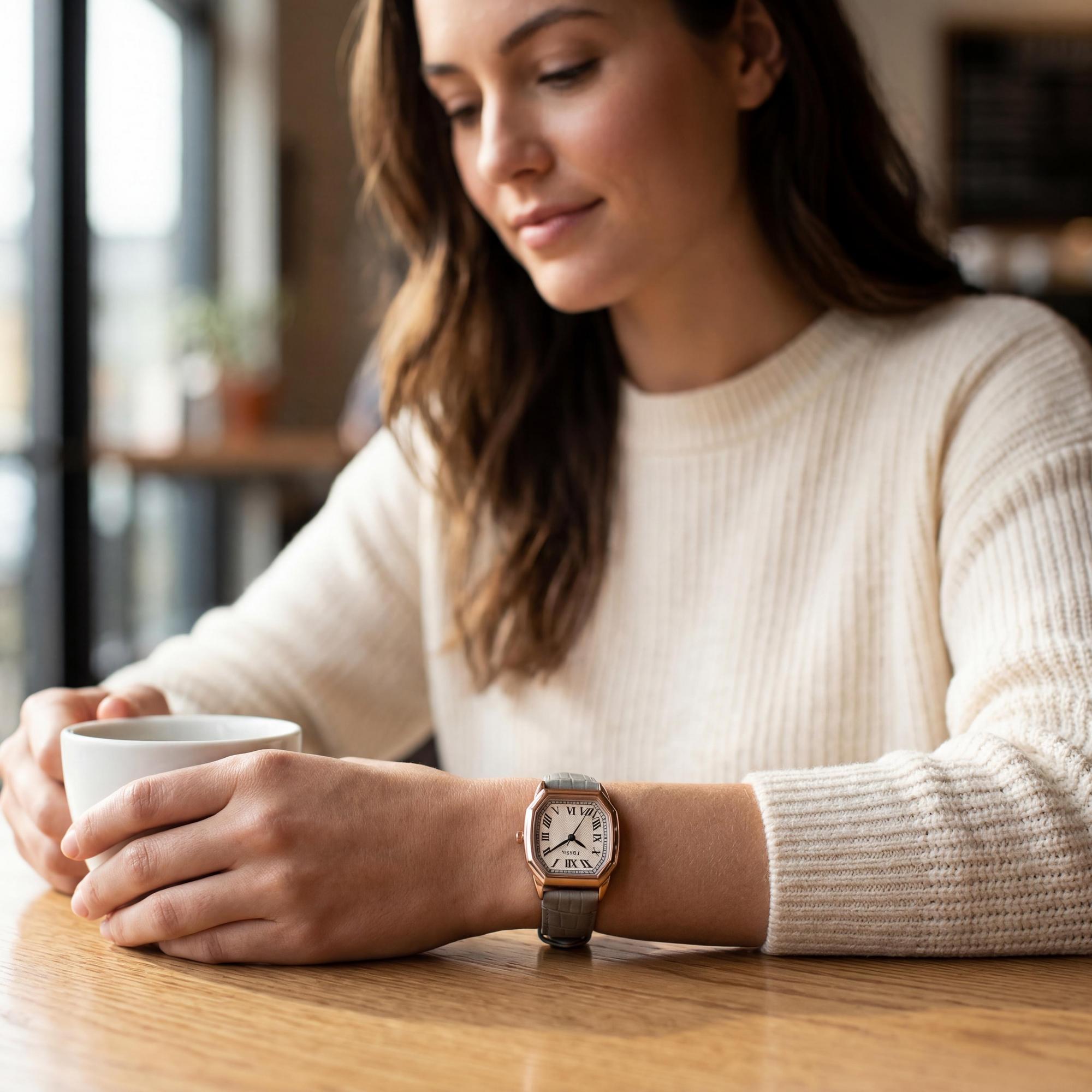 FOSSIL Strap Women's 27mm Rose Gold Stainless Steel Octagonal Case with Textured Dial and Gray Croco Leather Strap Watch, Photo 4