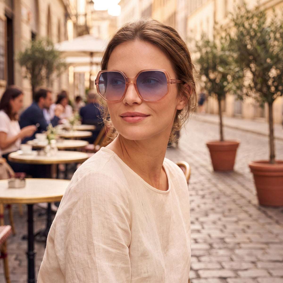 GUESS Geometric GU7773 Women's Pink Plastic Square Non-Polarized Sunglasses with Gradient Blue Lenses, 100% UV Protection, 58mm, Photo 6