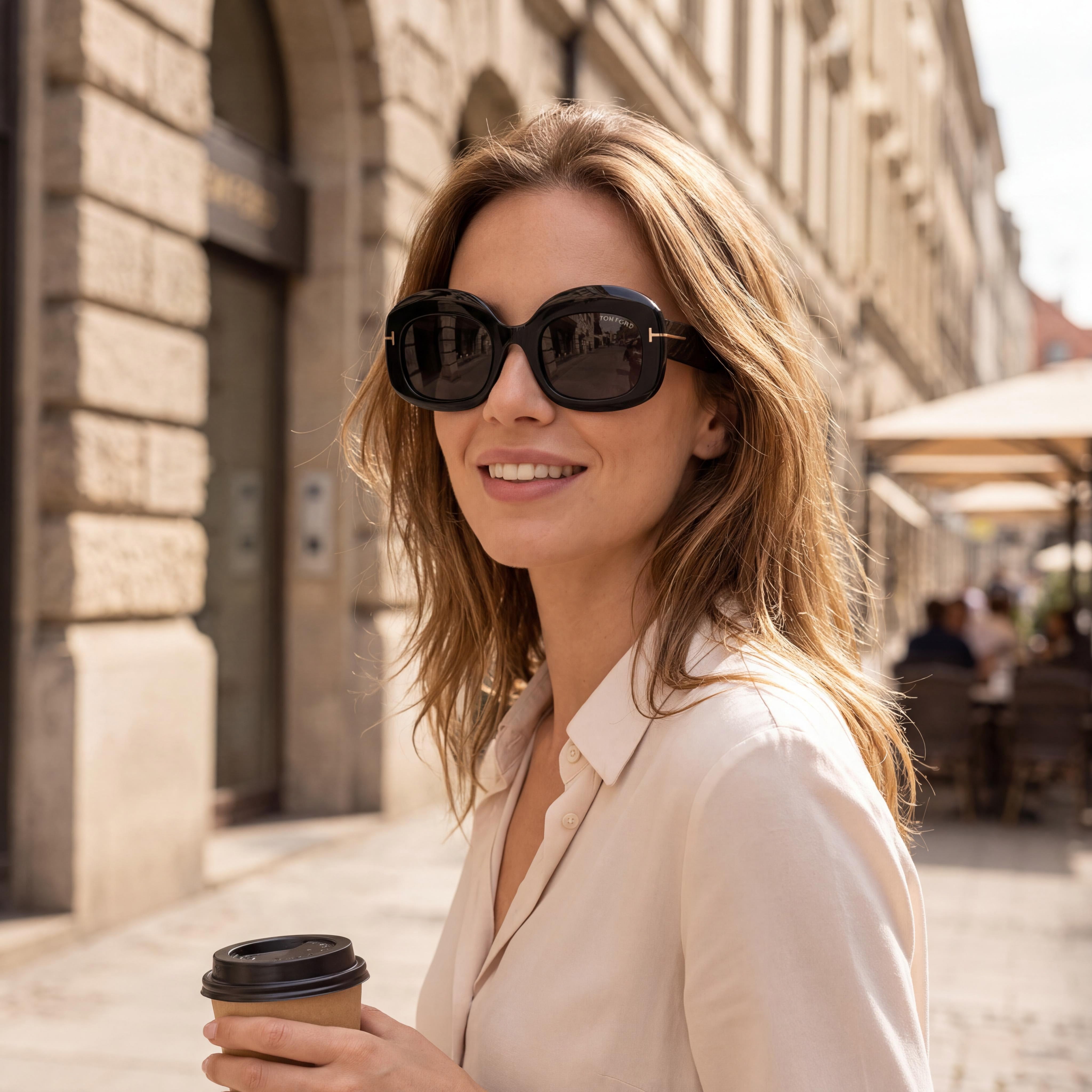 Gafas de sol Tom Ford clásicas unisex con montura brillante negra de carey y lentes polarizadas violetas de plástico, Photo 6