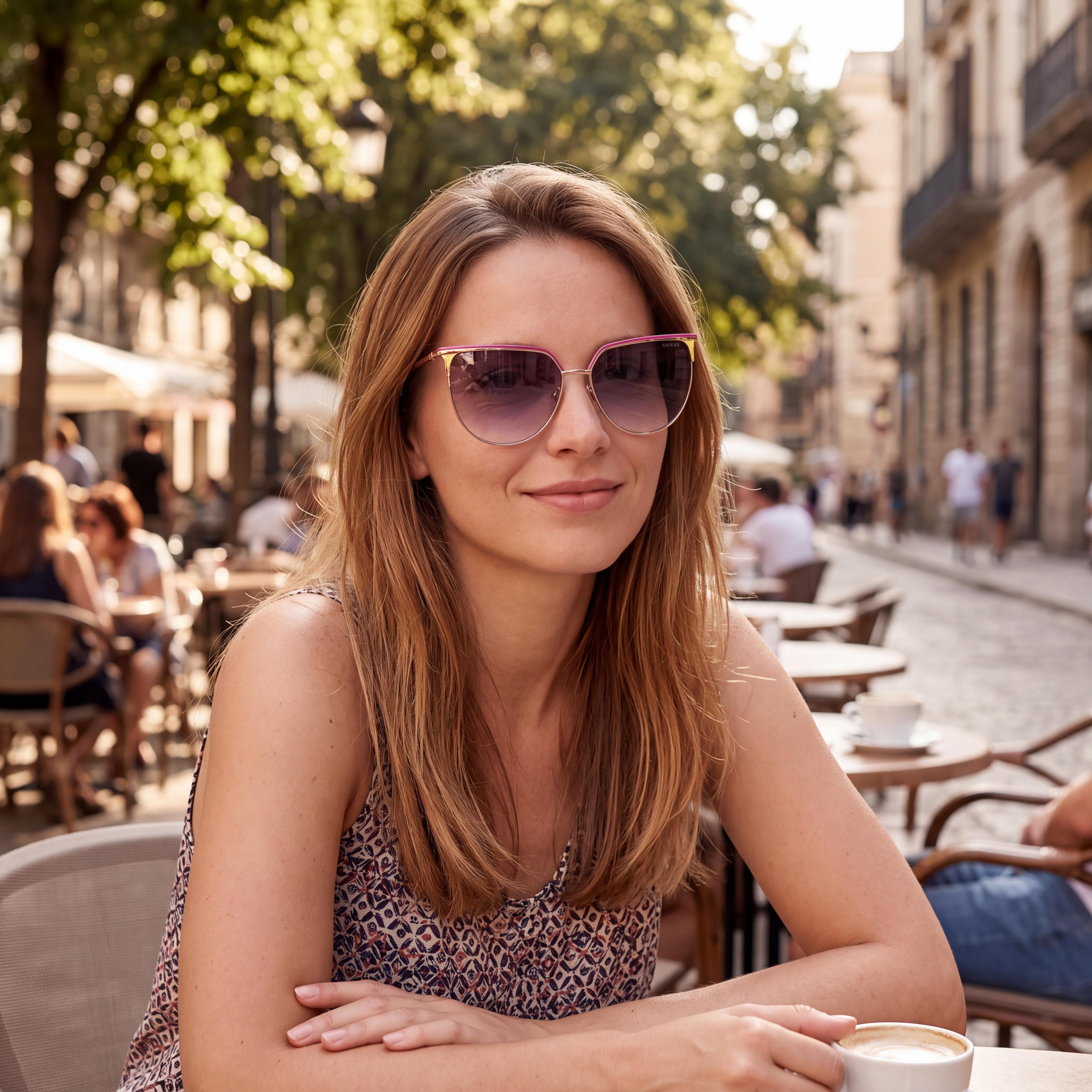 Gafas de sol GUESS Modern para mujer con montura metálica brillante color oro rosa, lentes degradadas violetas y protección UV de 58 mm, Photo 5