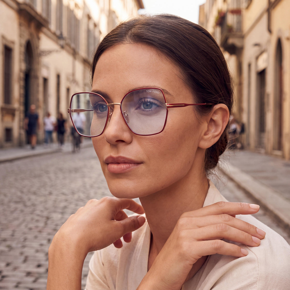 Tom Ford Ft5876-b Women's Metal Eyeglasses with Blue Block Lenses, Shiny Rose Gold and Red Enamel, Brown 56-16-140, Photo 4