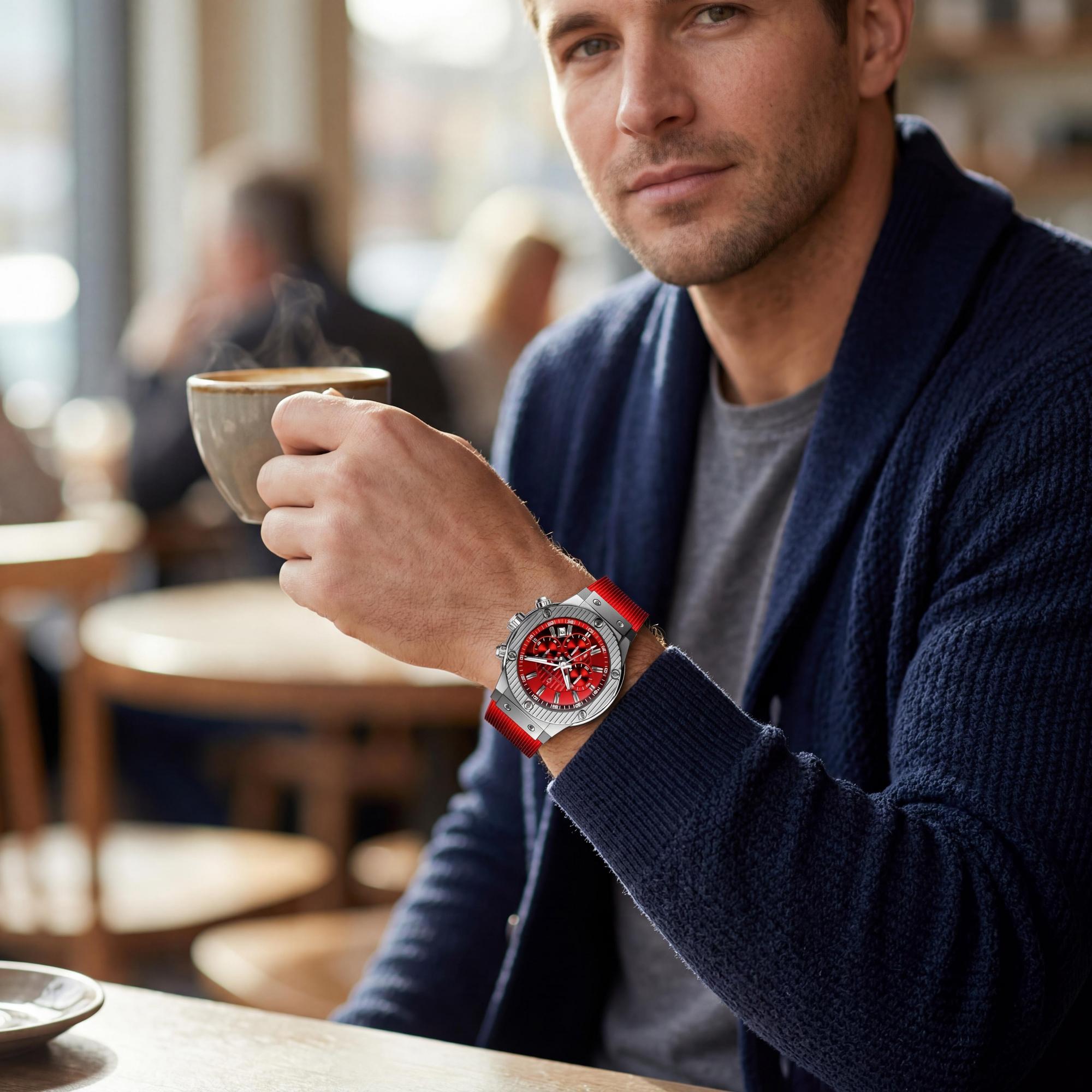 Reloj de cuarzo mineral Christian Van Sant para hombre, correa de caucho roja, caja de acero inoxidable, resistente al agua hasta 50 m y resistente a arañazos., Photo 4
