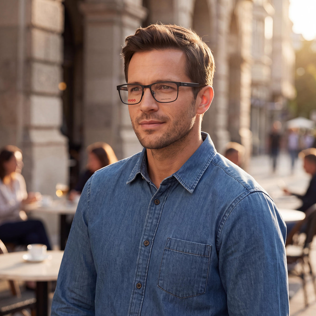 Montura de gafas graduadas para hombre HUGO BOSS 101561 rectangular, de acero inoxidable en negro mate y cristal, 55-18-145, Photo 4