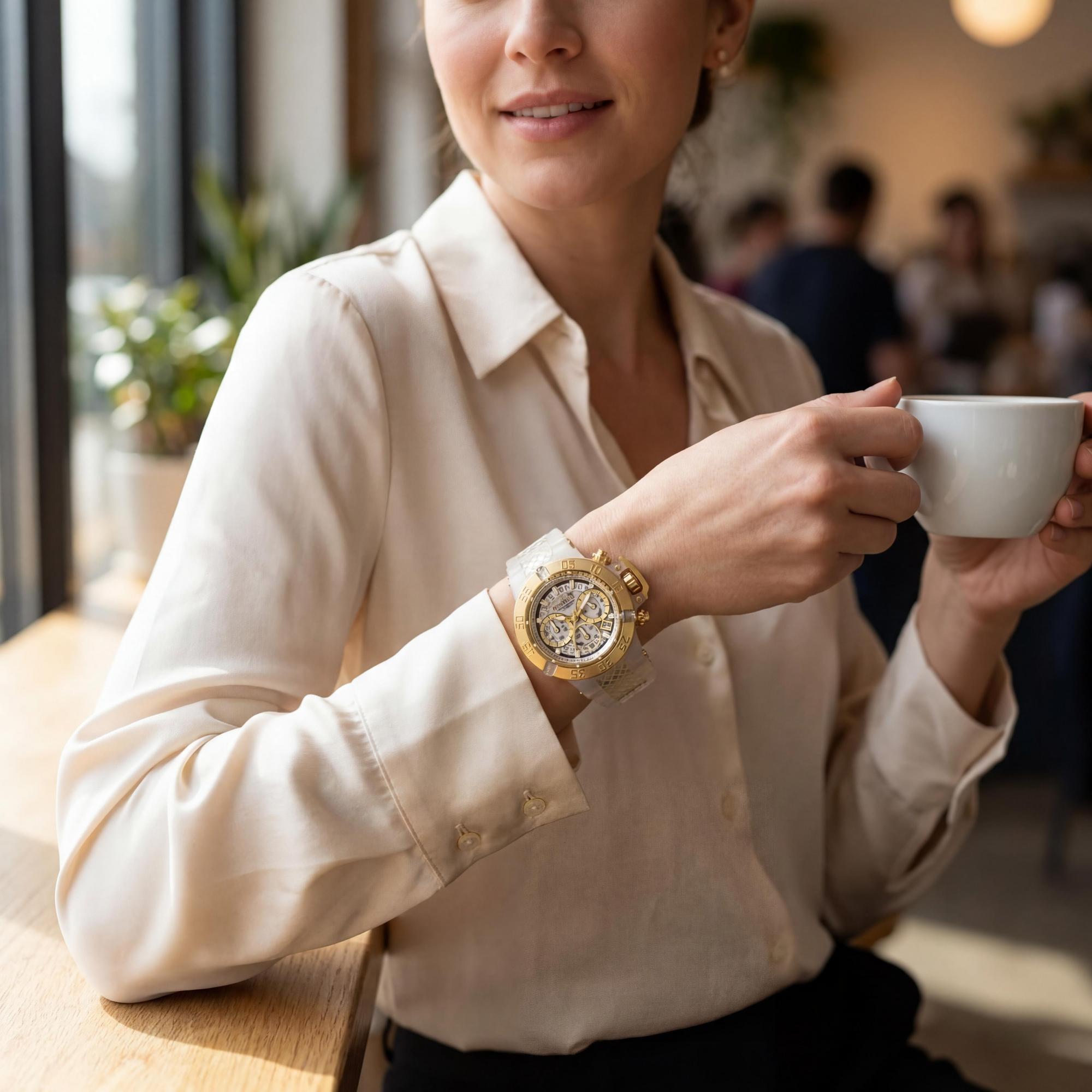 Reloj cronógrafo Invicta para mujer de acero inoxidable de 42 mm con correa de silicona blanca y tono dorado., Photo 4