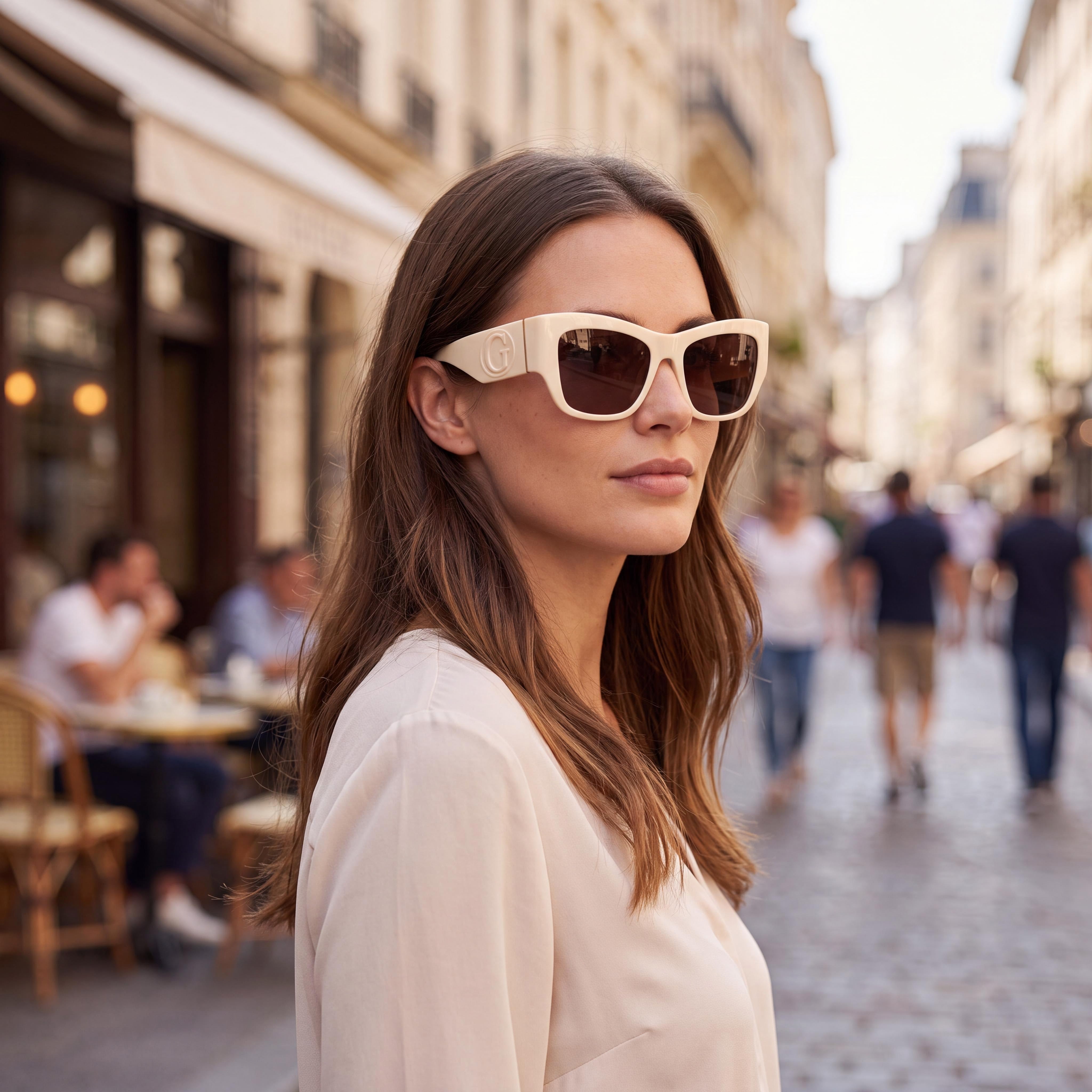GUESS Gu00252 Women's Plastic Frame Sunglasses, 100% UVA & UVB Protection, Ivory with Purple Lenses, 54mm, Photo 6
