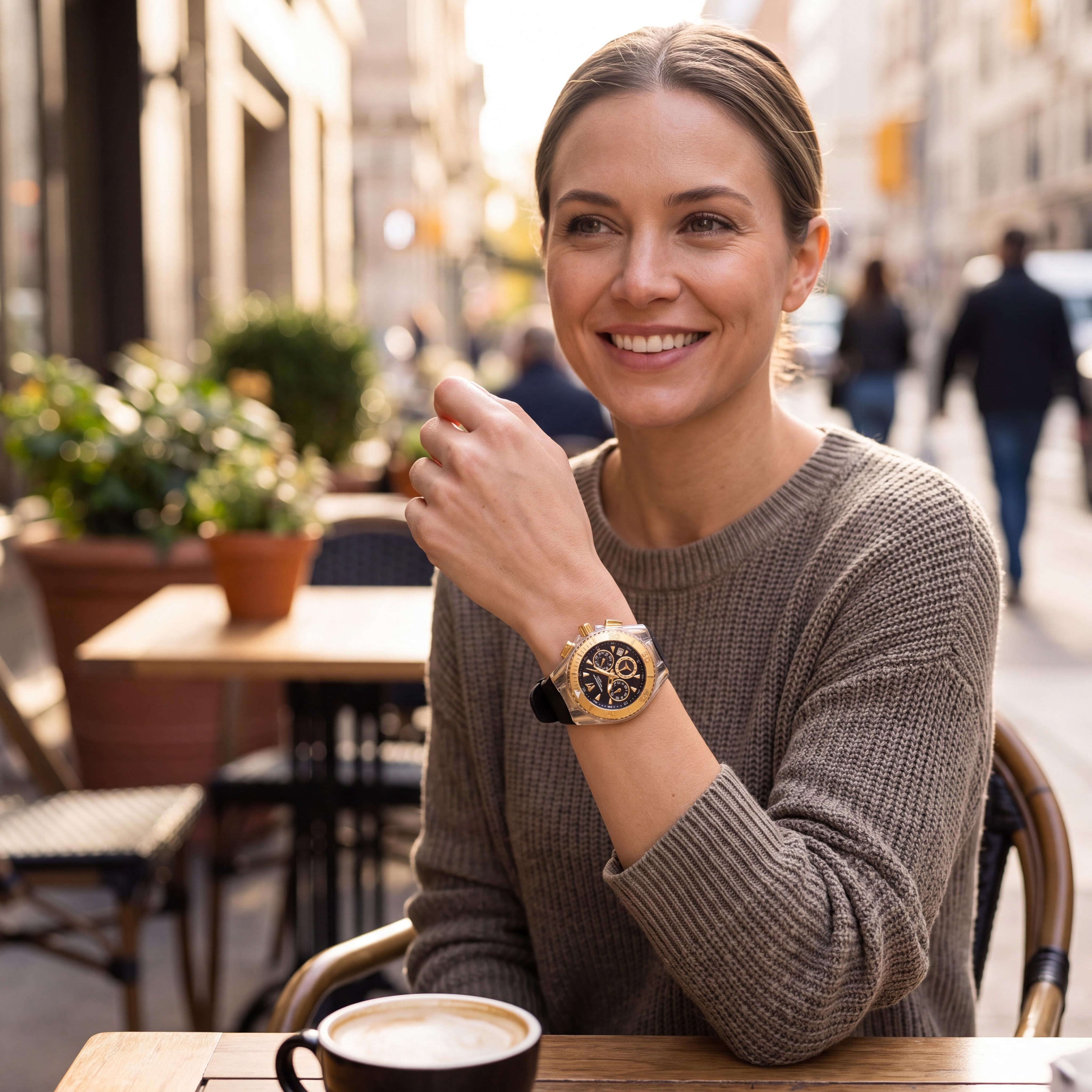 Reloj de mujer TechnoMarine Cruise TM-120036 con cronógrafo y movimiento de cuarzo, esfera negra, caja tono dorado, 40mm, Photo 5