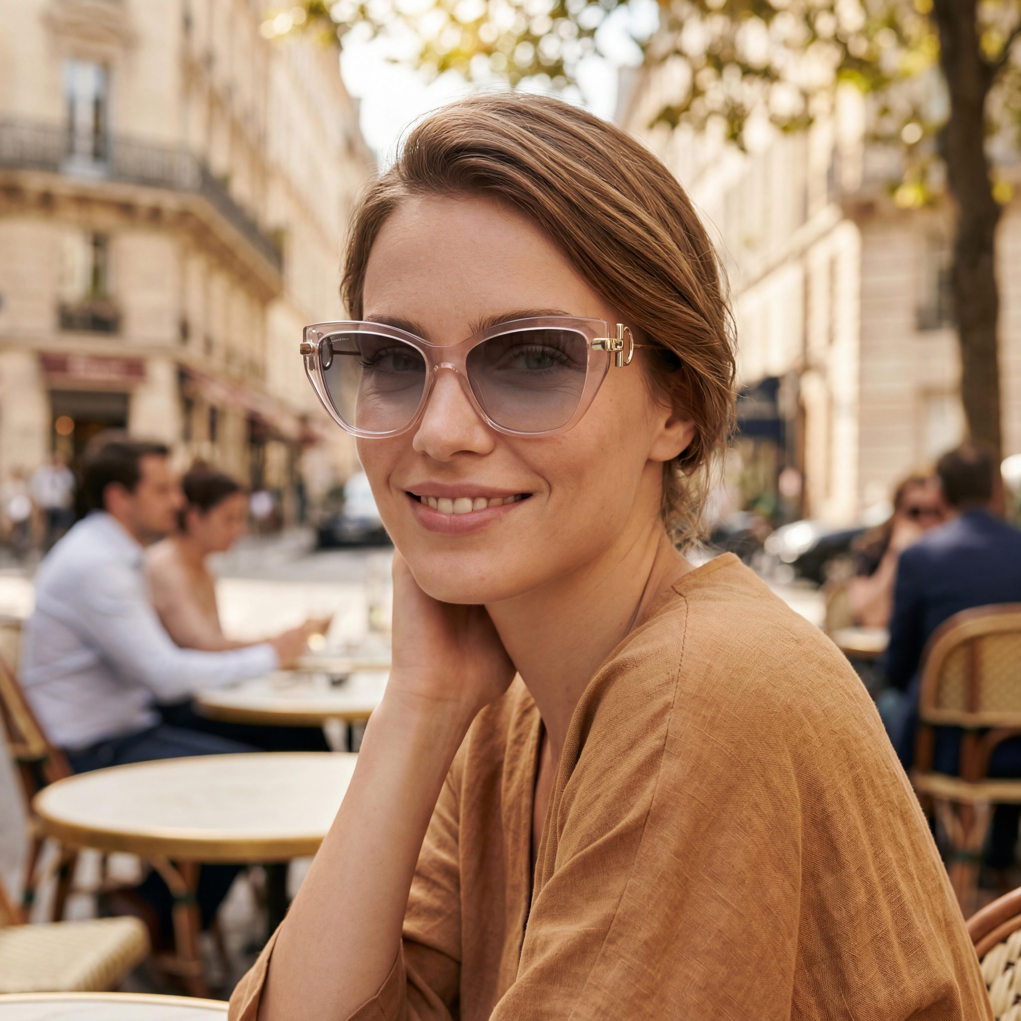 Gafas de sol Salvatore Ferragamo SF928S para mujer, estilo ojo de gato, color nude, dorado, de plástico, con degradado azul y protección UV, 55-15-140 mm, Photo 4