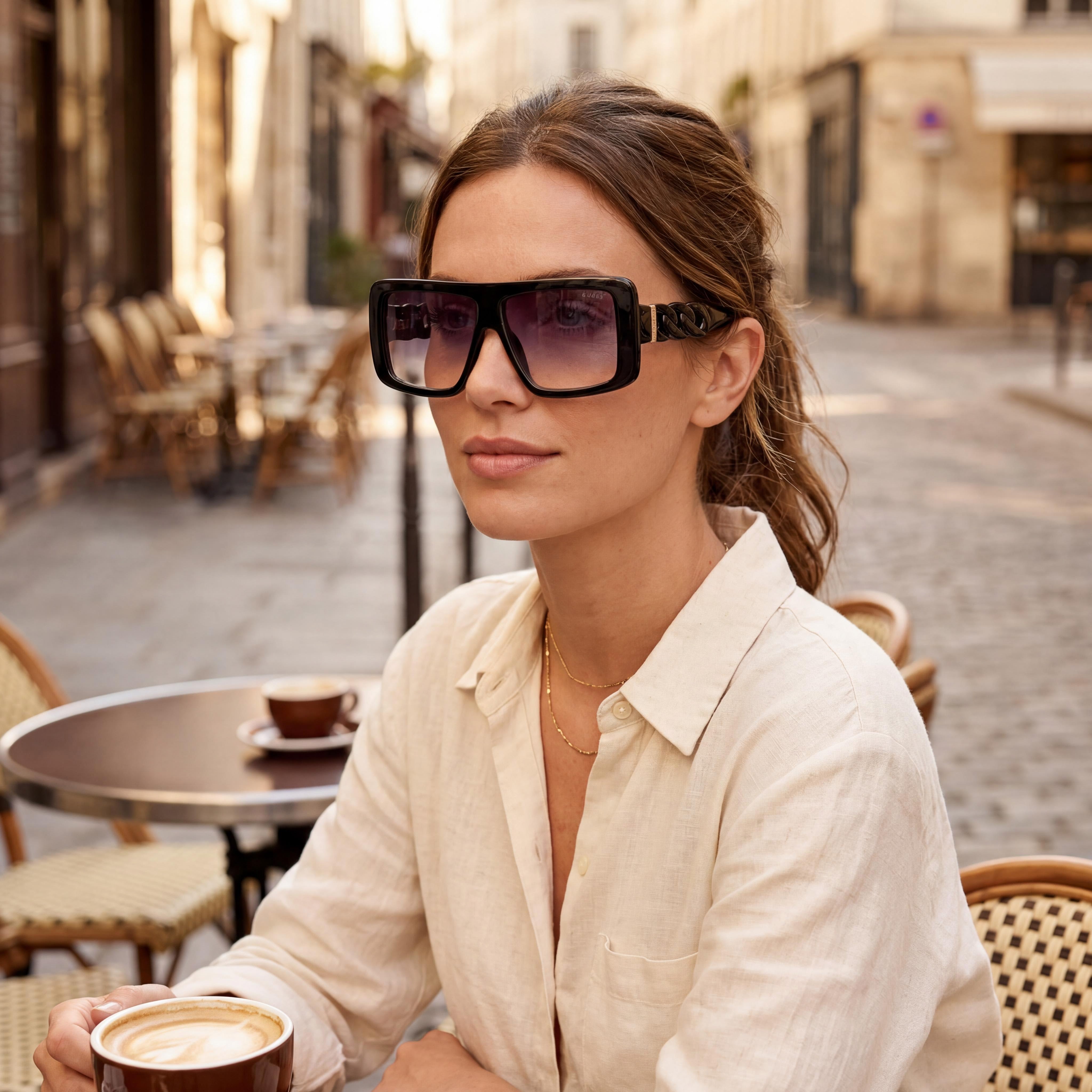 GUESS Modern Women's Shiny Black Injected Frame Sunglasses, UV Protected Polycarbonate Gradient Smoke Lenses 60mm, Photo 4