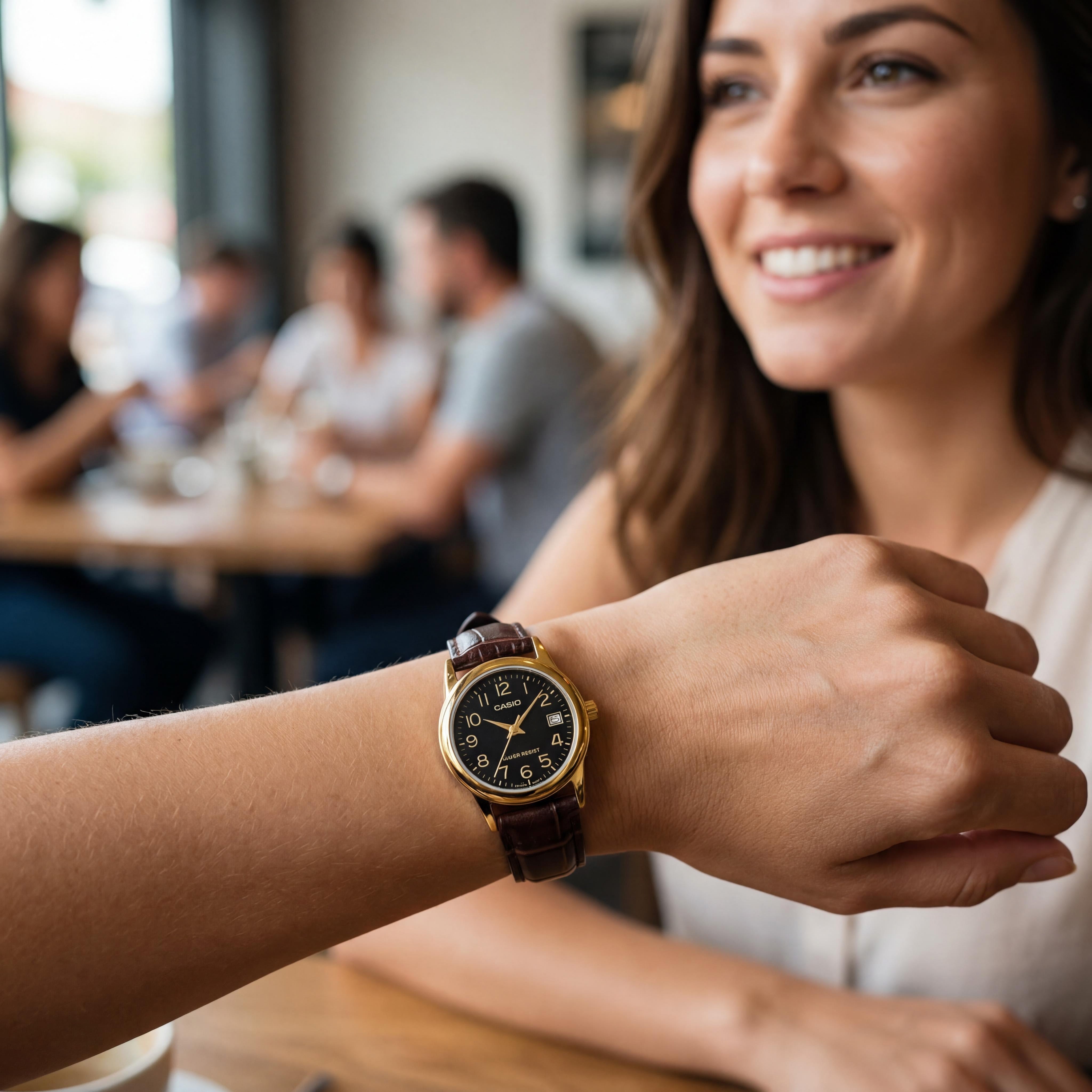 Casio LTP-V002GL 1BUDF Quartz Movement Women's Japan 3-Hand Analog Water Resistant Brown Black Gold Case Black Dial 31mm Watch, Photo 5