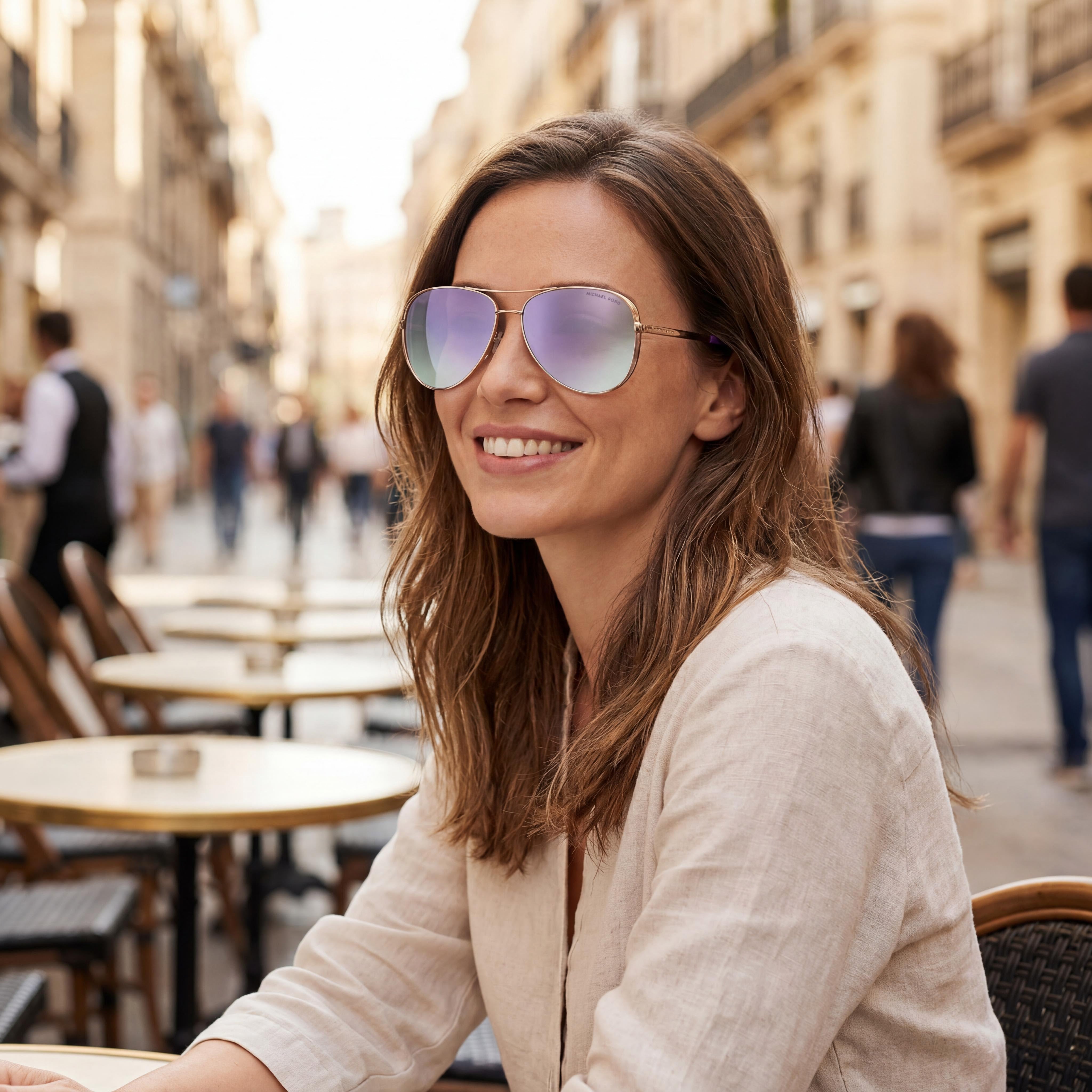 Gafas de sol Michael Kors Mk5004 Chelsea Pilot Composite para mujer, color oro rosa, morado, con protección UV y espejo, 58 mm, Photo 4