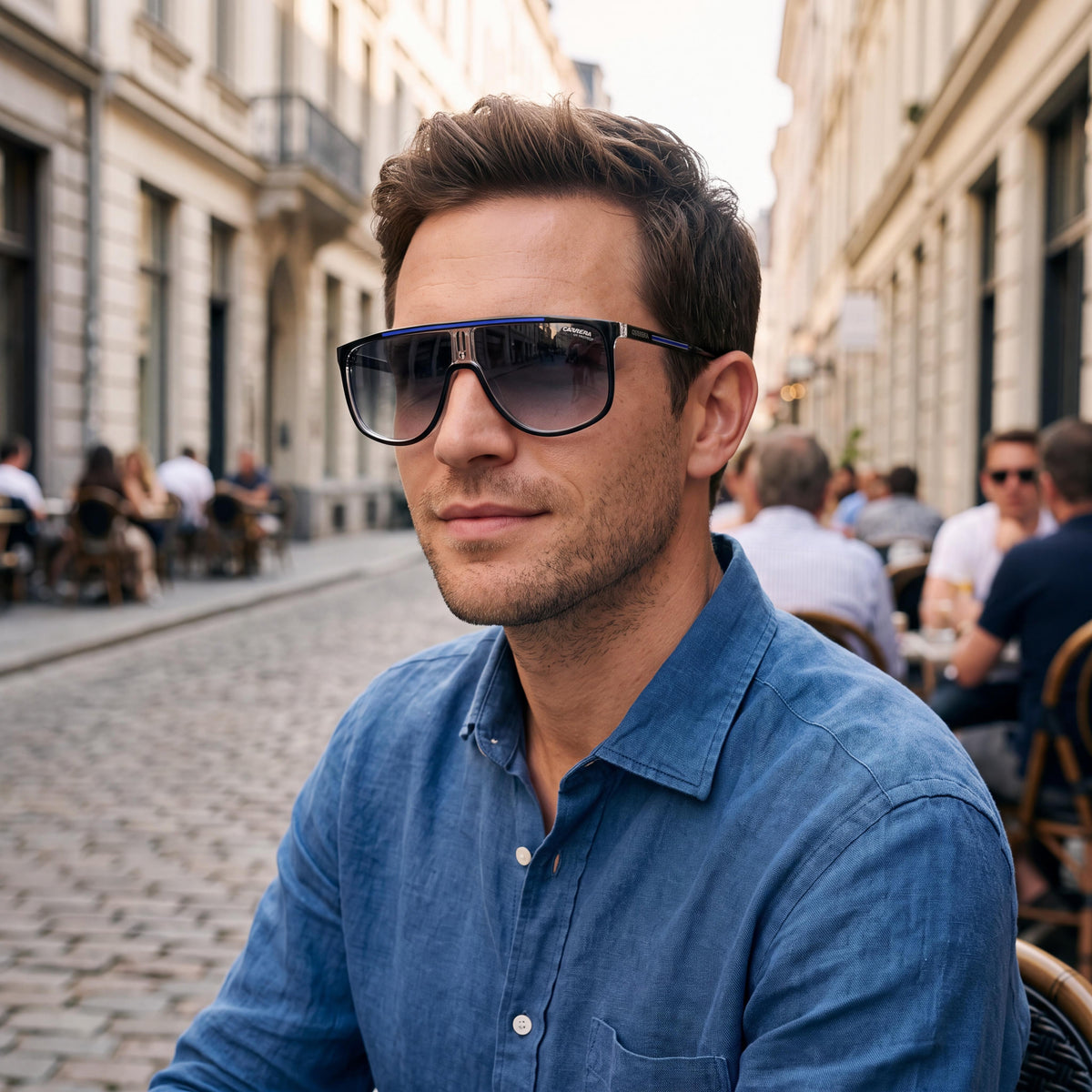 Gafas de Sol de Hombre Carrera Casual, Montura de Poliamida Negra Azul, Lentes Sombreadas Azul Oscuro, Protección 100% UV, 61mm, Photo 4