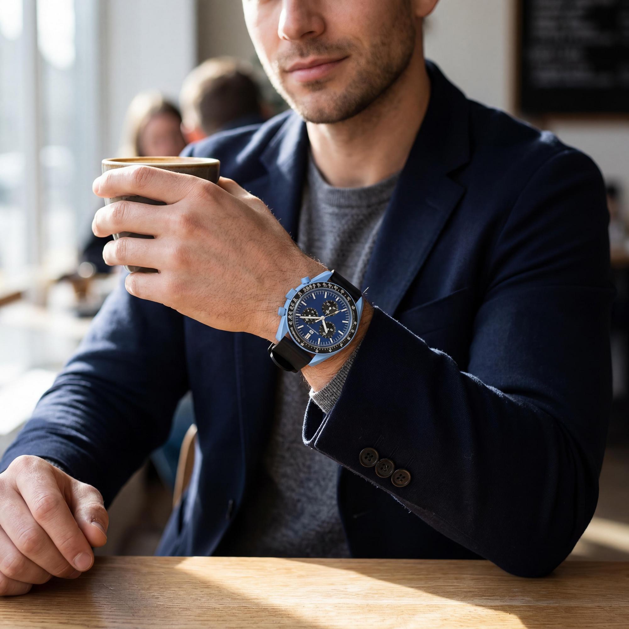 Oceanaut strap Men's Blue Dial Plastic Case Leather Strap Quartz Movement 50M Water Resistant Watch, Photo 4