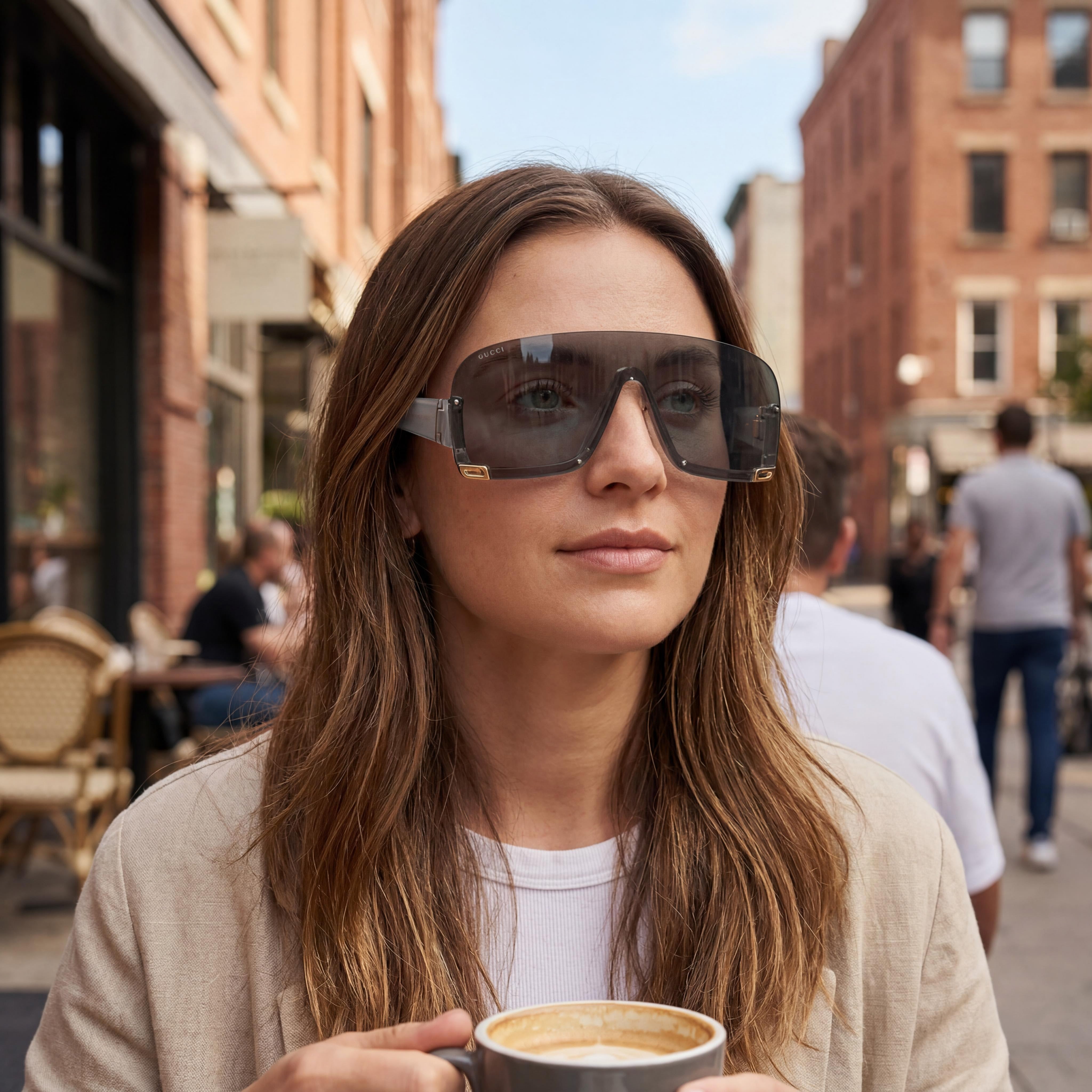 Gucci Women's Shield/Wrap Sunglasses, Injection Frame, Grey Silver, Smoke Multilayer Silver Lens, 99-1-115mm, Photo 4