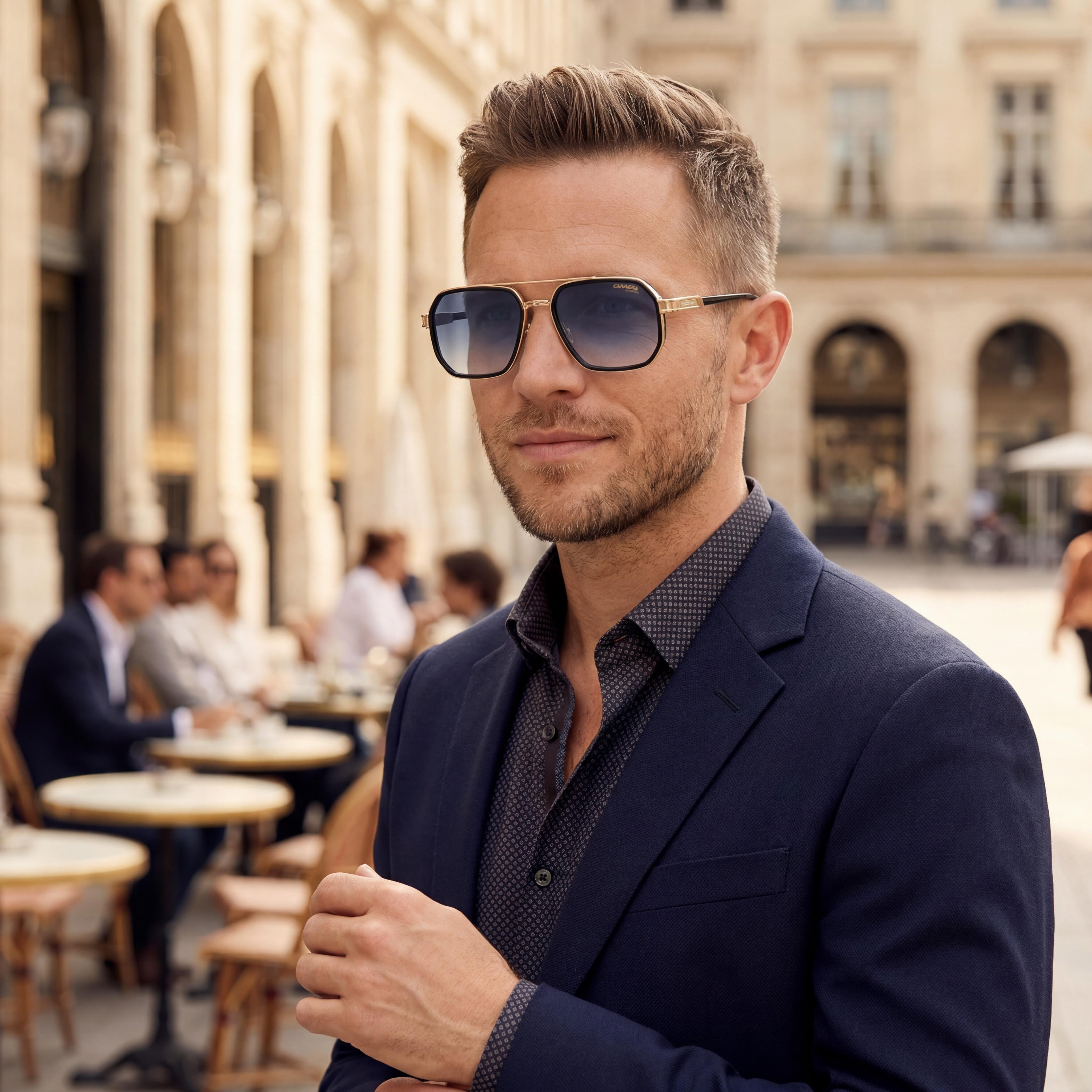 Carrera Lässig. Men's Metal Sunglasses featuring Black Gold Frame with Dark Blue Shaded Lenses, 58mm, Photo 4