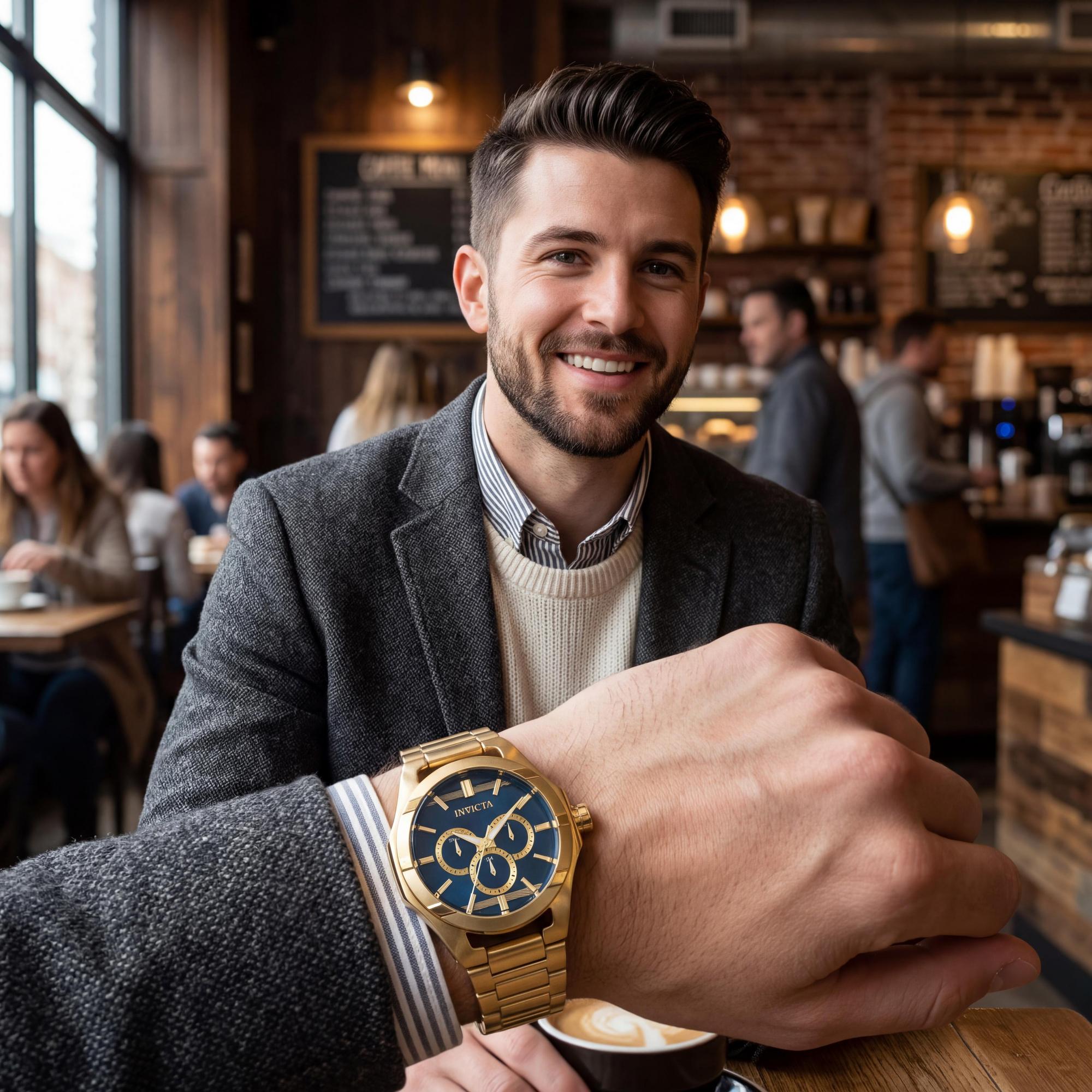 Reloj Invicta para hombre, de acero inoxidable en tono dorado, esfera azul, resistente al agua, día, fecha, 24 horas, 48 ​​mm, Photo 5