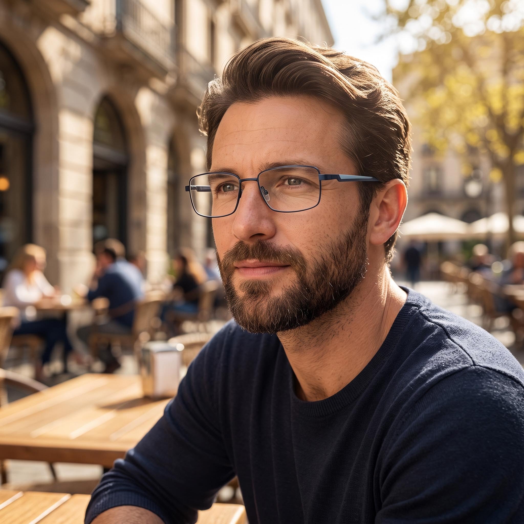 Flexon H6085 Men's Plastic Frame Eyeglasses with Polycarbonate Lenses, Matte Navy, Size 55-17-145, Photo 5