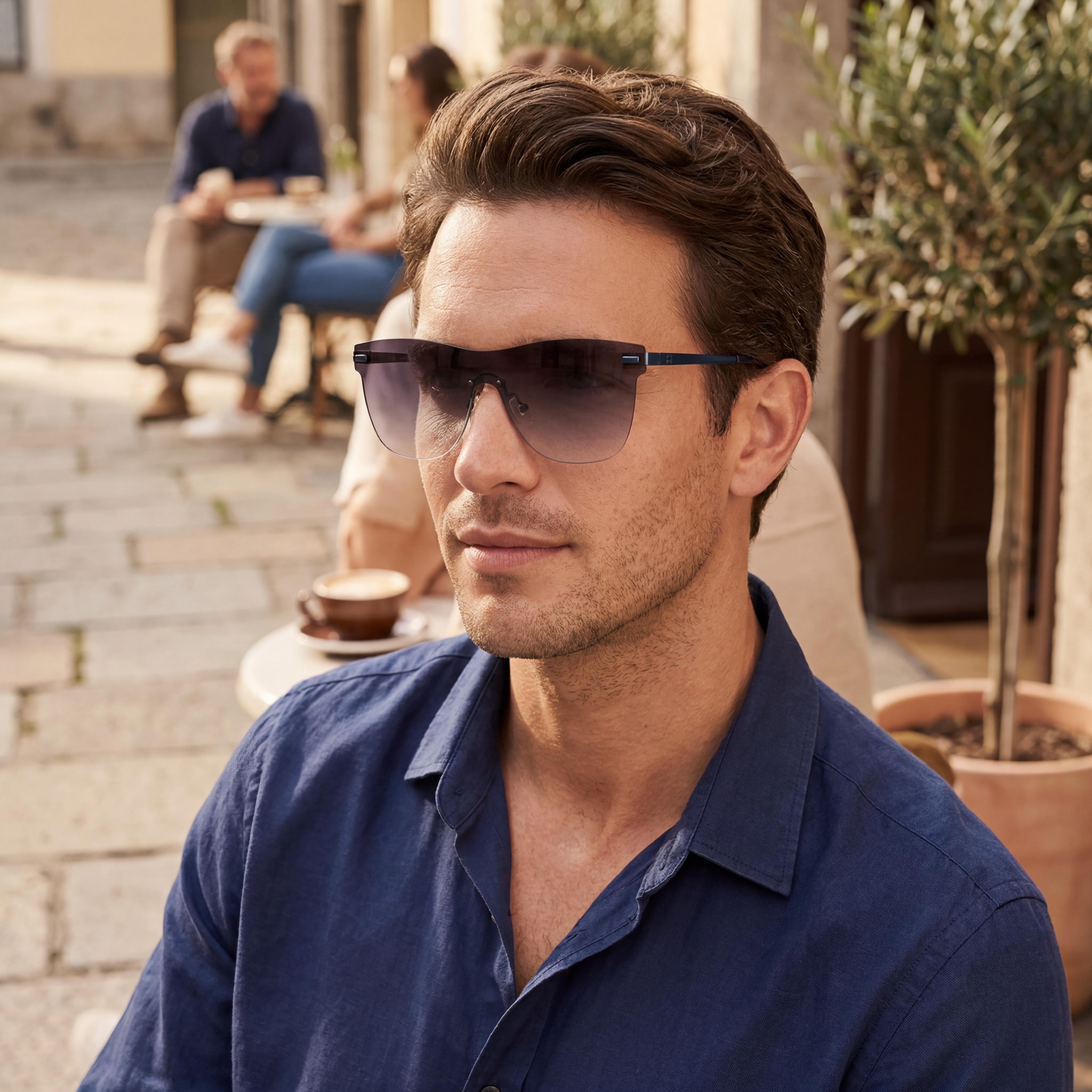 GUESS Gf0186 Men's Matte Blue Gradient Plastic Shield Rimless Sunglasses, Grey Gradient Lenses, 50mm, UV Protection, Photo 6
