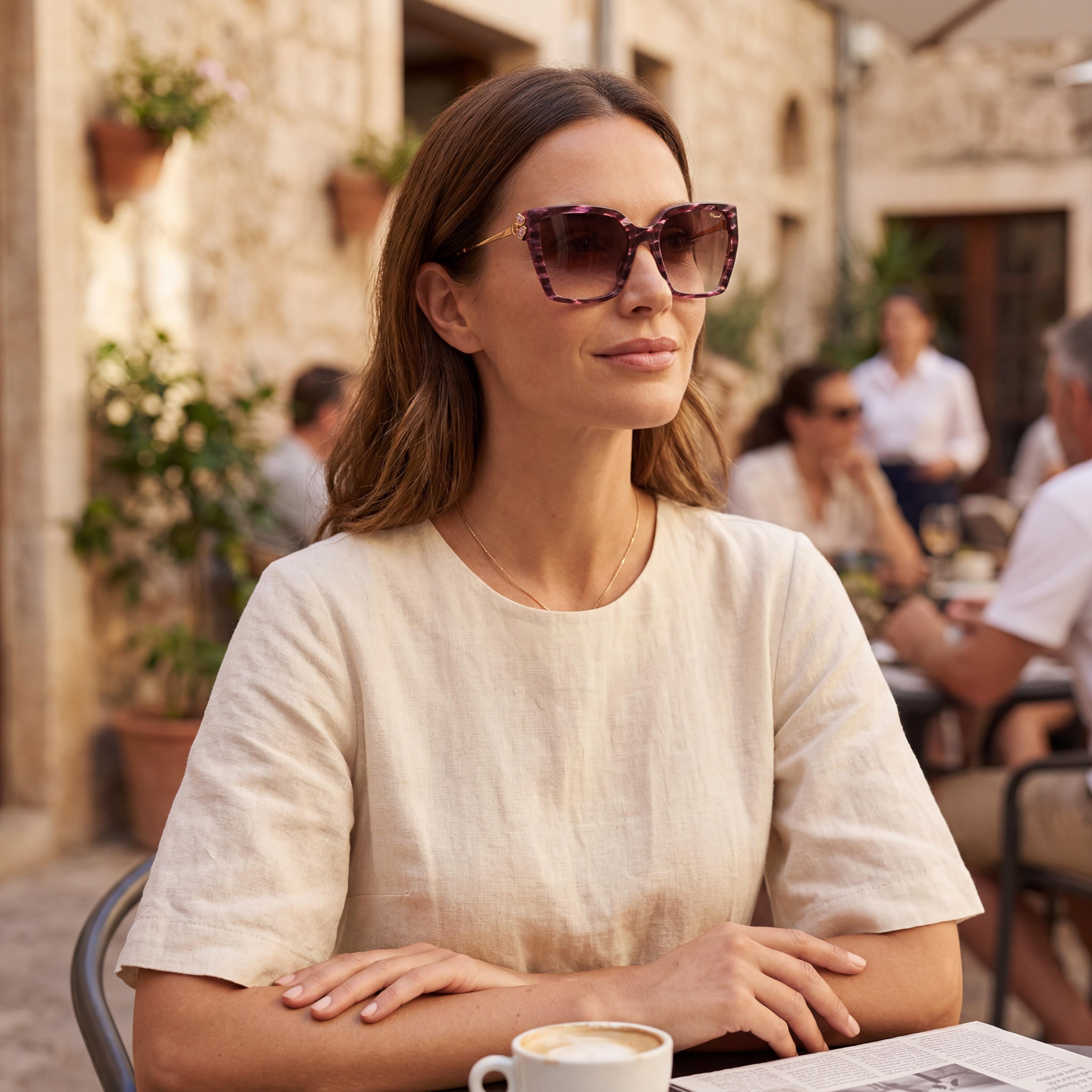Gafas de sol Chopard casuales de mujer a rayas color burdeos de acetato de celulosa, lentes degradadas marrones, protección UV 56-18-135, Photo 5