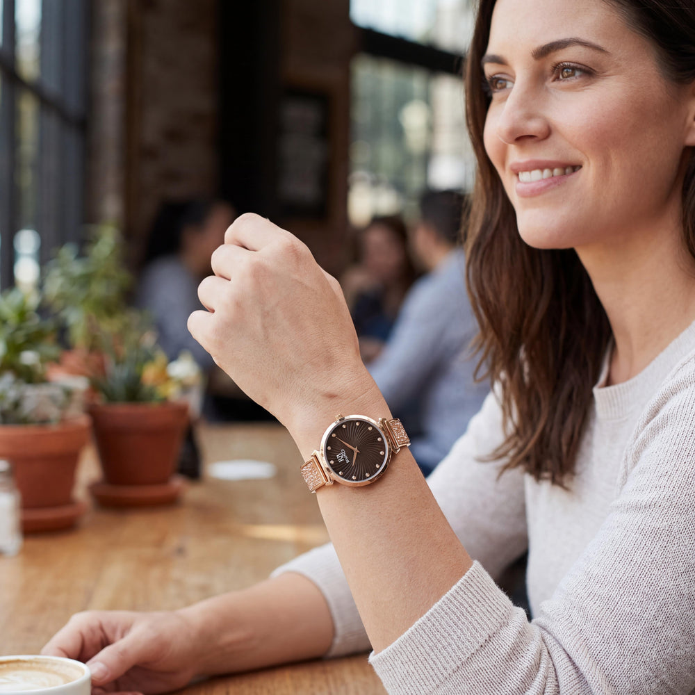 Reloj de pulsera Roberto Bianci RB0207 para mujer, caja y brazalete de acero inoxidable, esfera marrón, movimiento de cuarzo, resistente al agua 30M