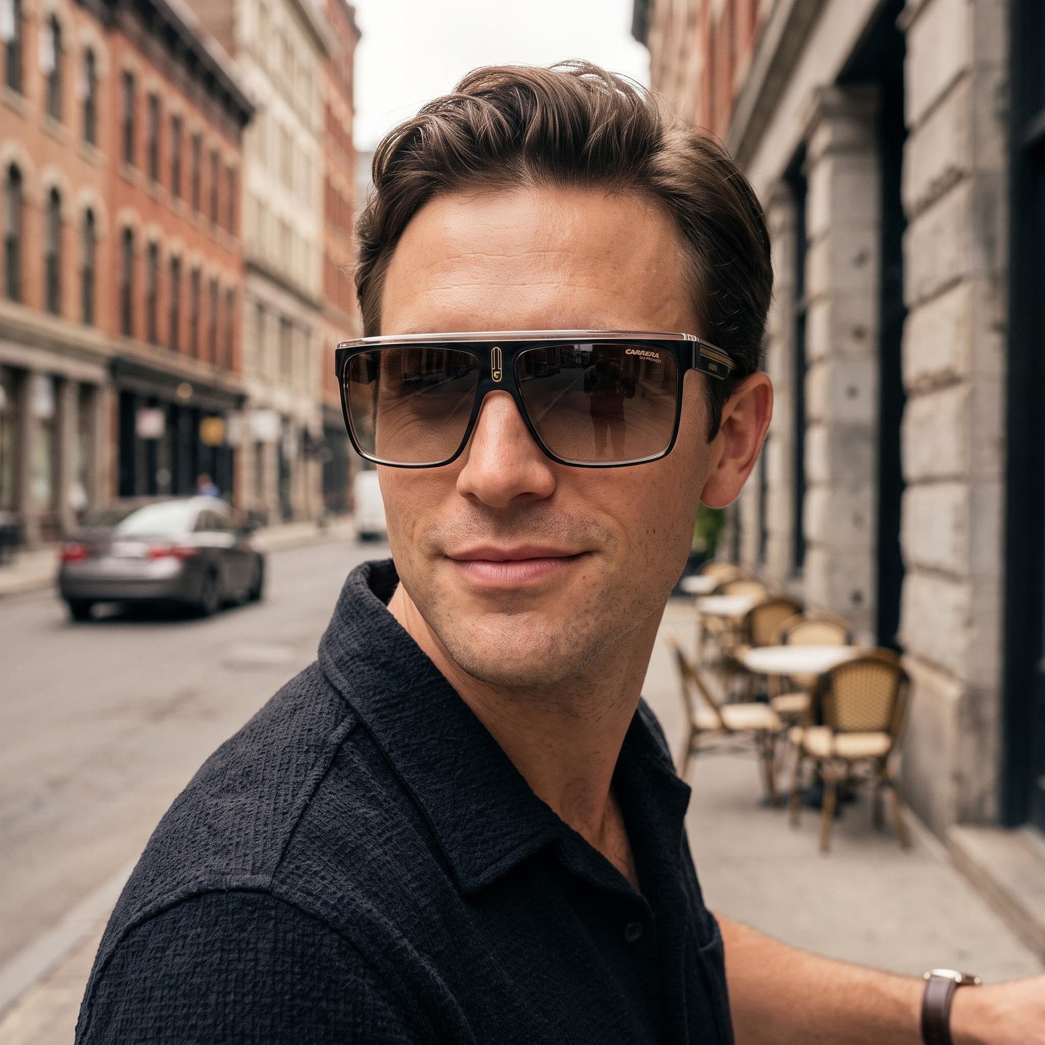 Gafas de sol Carrera 22/N para hombre, negras y doradas, de poliamida con lentes marrones degradadas y 100% protección UV de 63mm, Photo 4