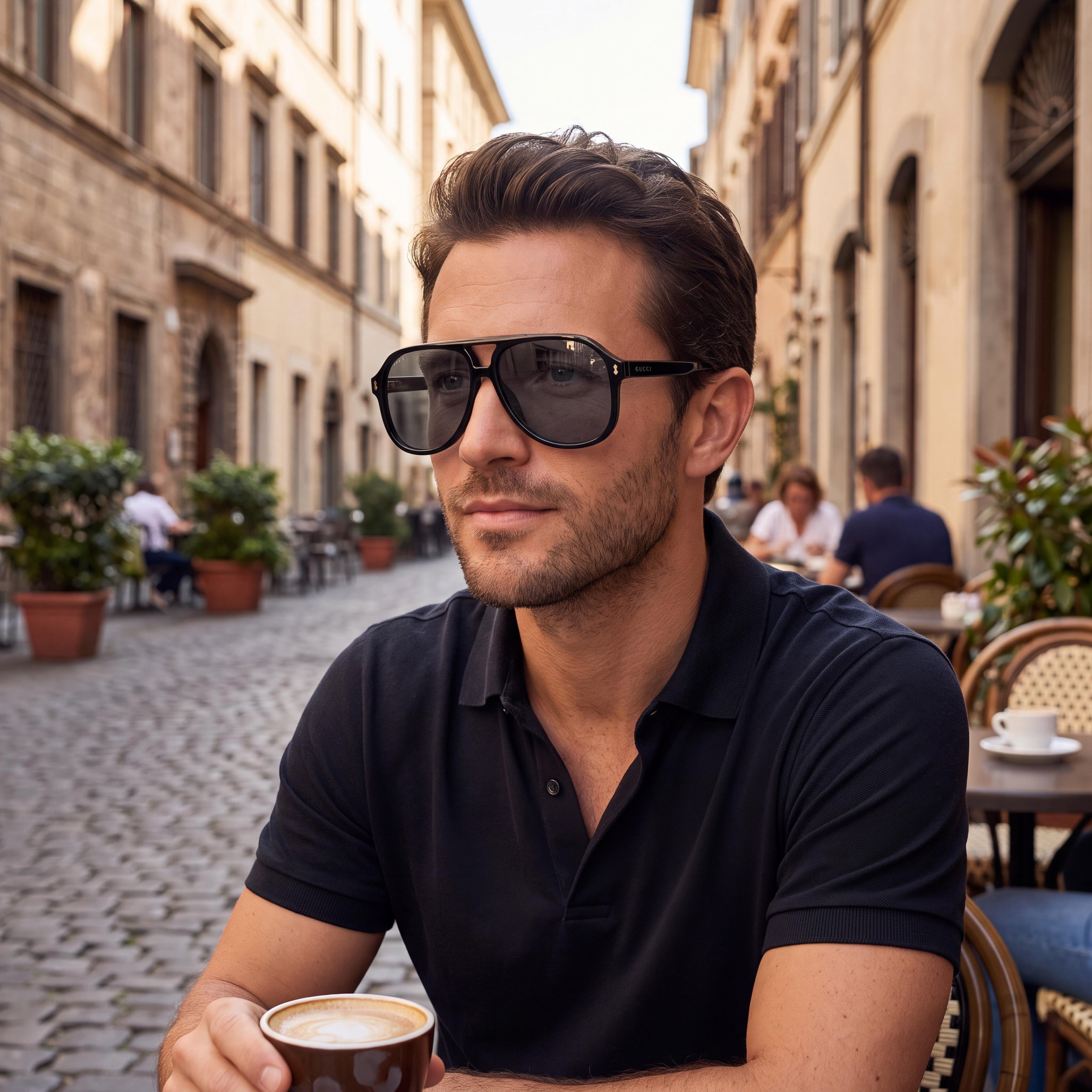 Gucci GG1042S Men's Pilot Black Gold Logo Acetate, Grey Non-Polarized UV Protection Sunglasses 60mm, Photo 5