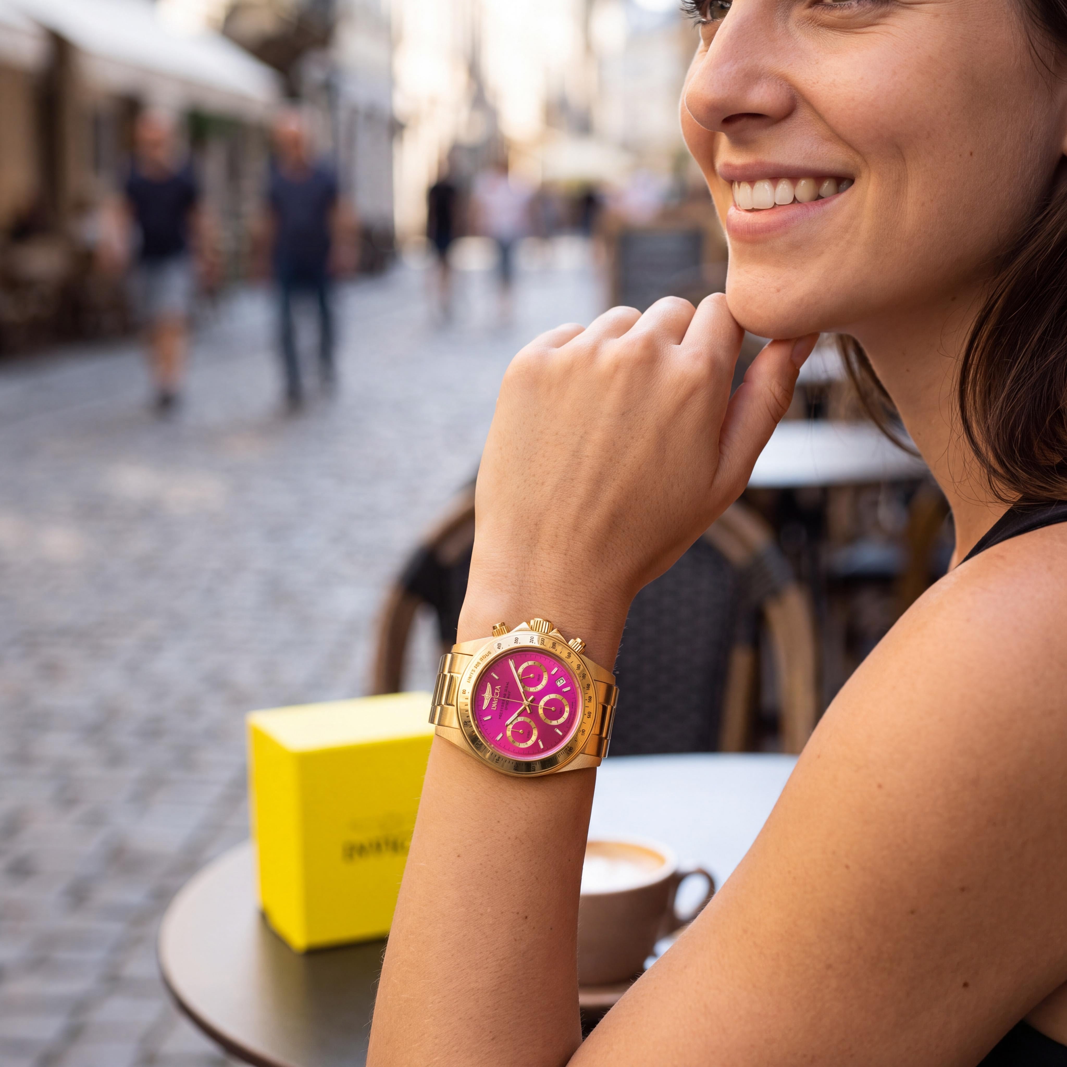 Reloj cronógrafo Invicta Speedway 18255 para mujer, de acero inoxidable con baño de iones de oro de 18k, esfera rosa intenso, con brazalete, 39 mm, Photo 3