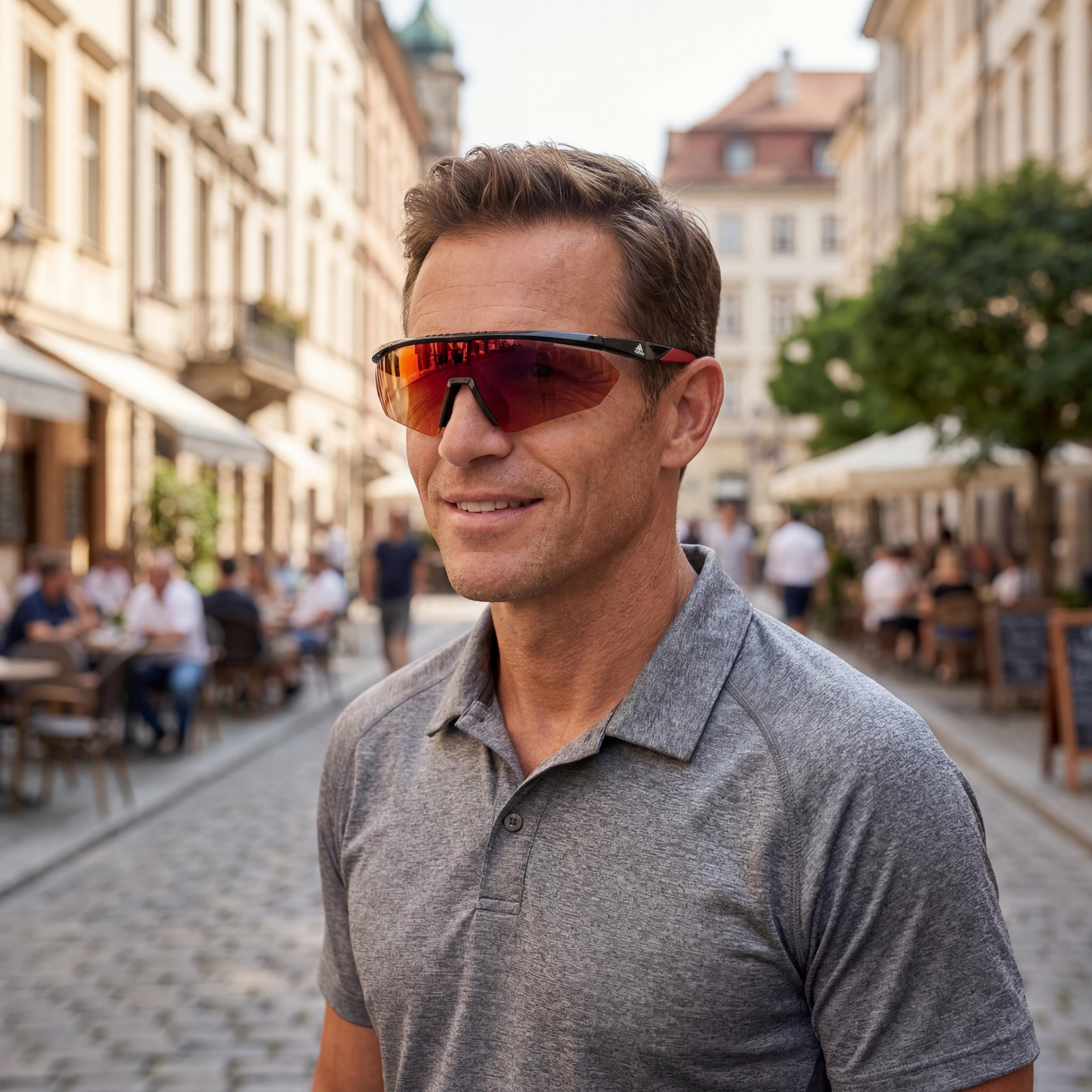 Gafas de sol adidas Contemporary TR90 de plástico para hombre, montura negra brillante, lentes Roviex de espejo ámbar, 100 % protección UV, 146 mm, Photo 5