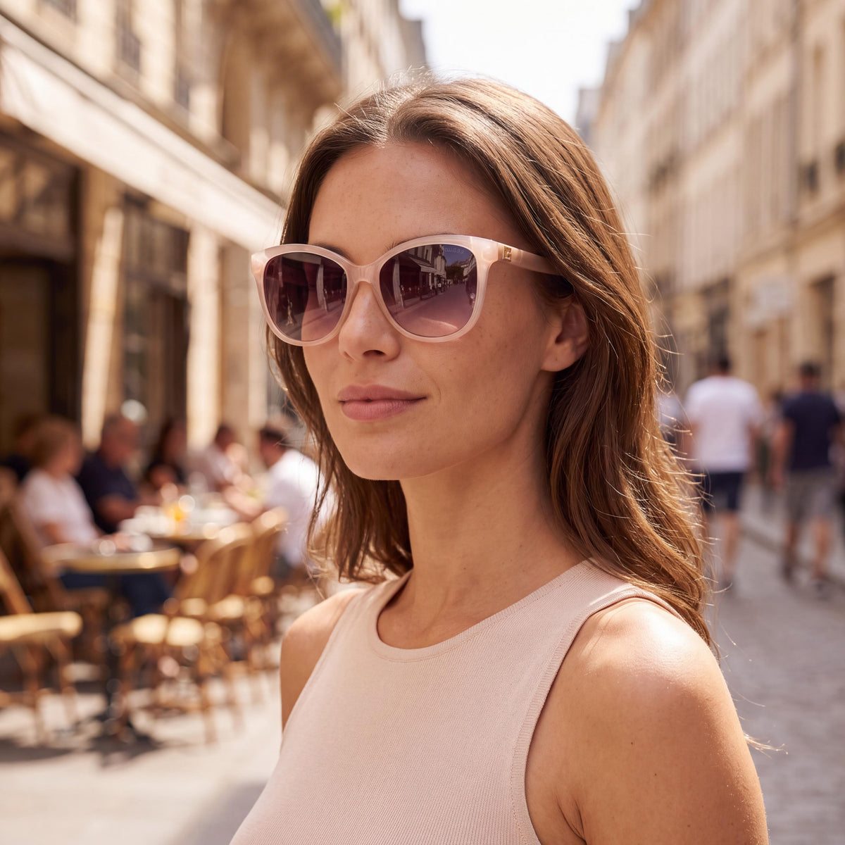 GUESS GU7920 57F Women's Round Shiny Beige Plastic Frame Sunglasses, Gradient Brown Non-Polarized UV Protective Lenses, 58mm, Photo 6
