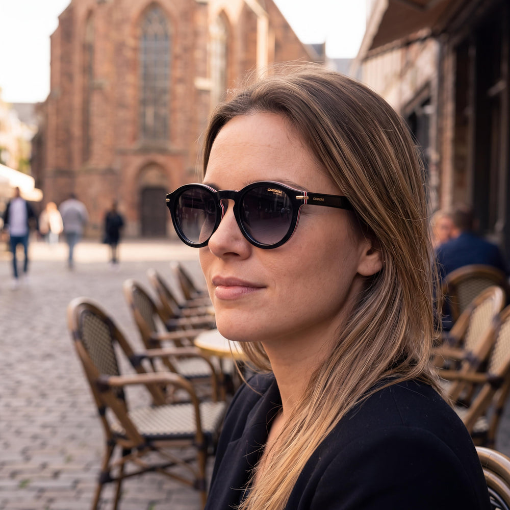 Carrera Classic Women's Acetate Sunglasses Black White Grey Shaded Frame Black Stripe Non-Polarized Lenses 48-24-150 UV 400