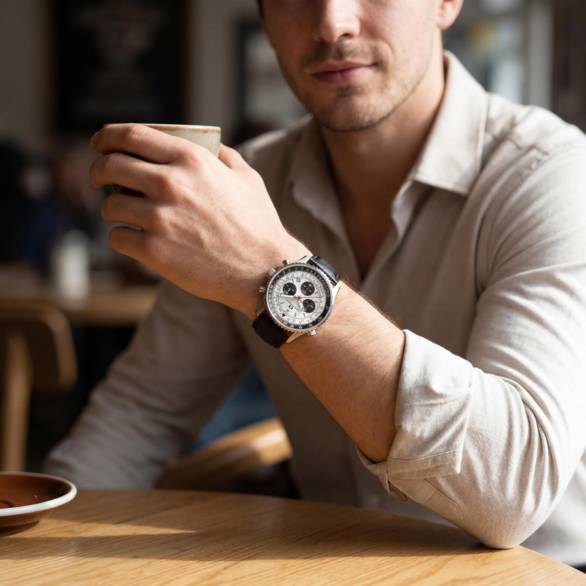 Reloj cronógrafo de cuarzo de acero inoxidable para hombre con correa Oceanaut, esfera plateada, correa de piel, resistente al agua 10 ATM, Photo 4