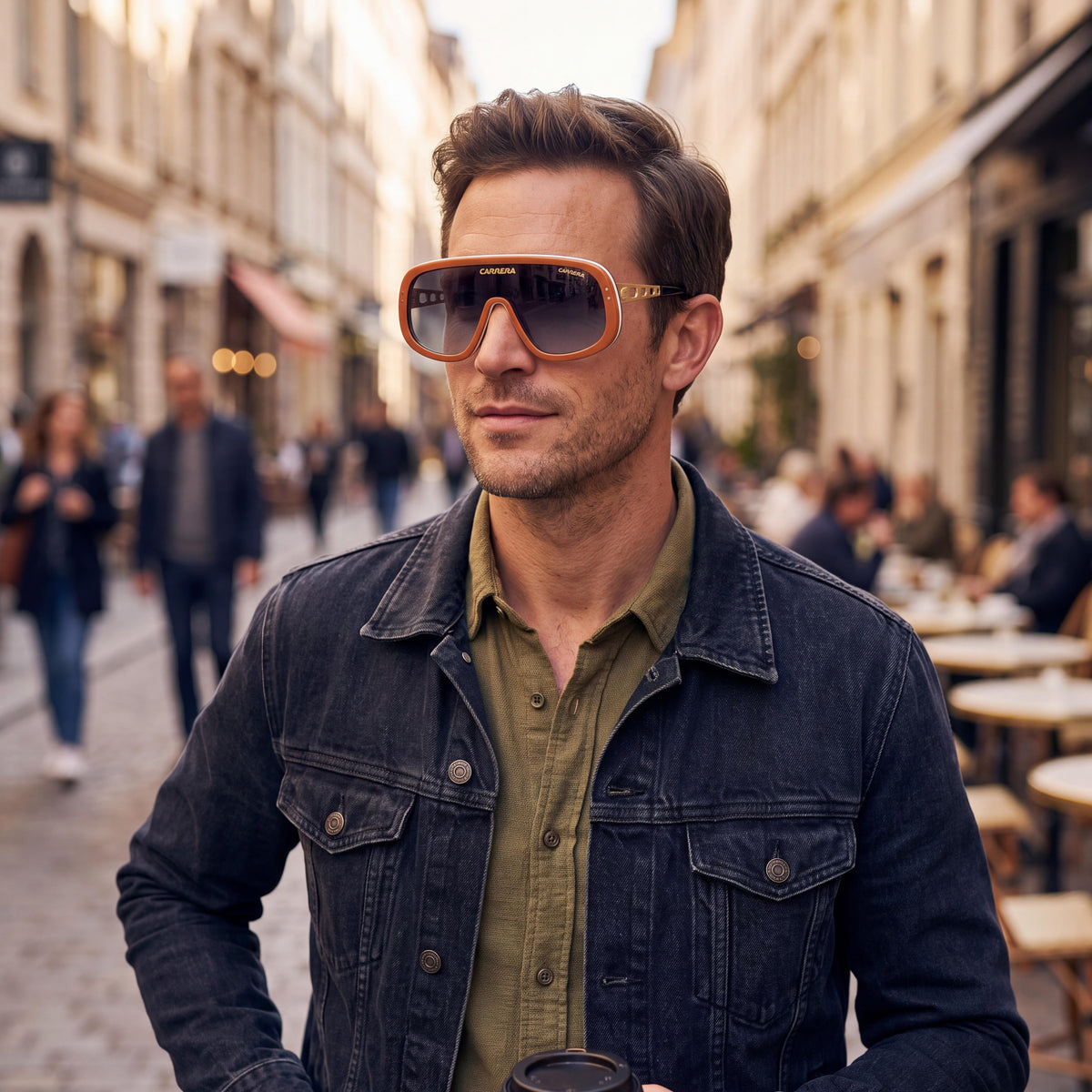 Carrera Gafas de sol modernas de hombre, montura de acetato color naranja y dorado, lentes gris oscuro degradadas, 100% protección UV 99-01-140, Photo 5