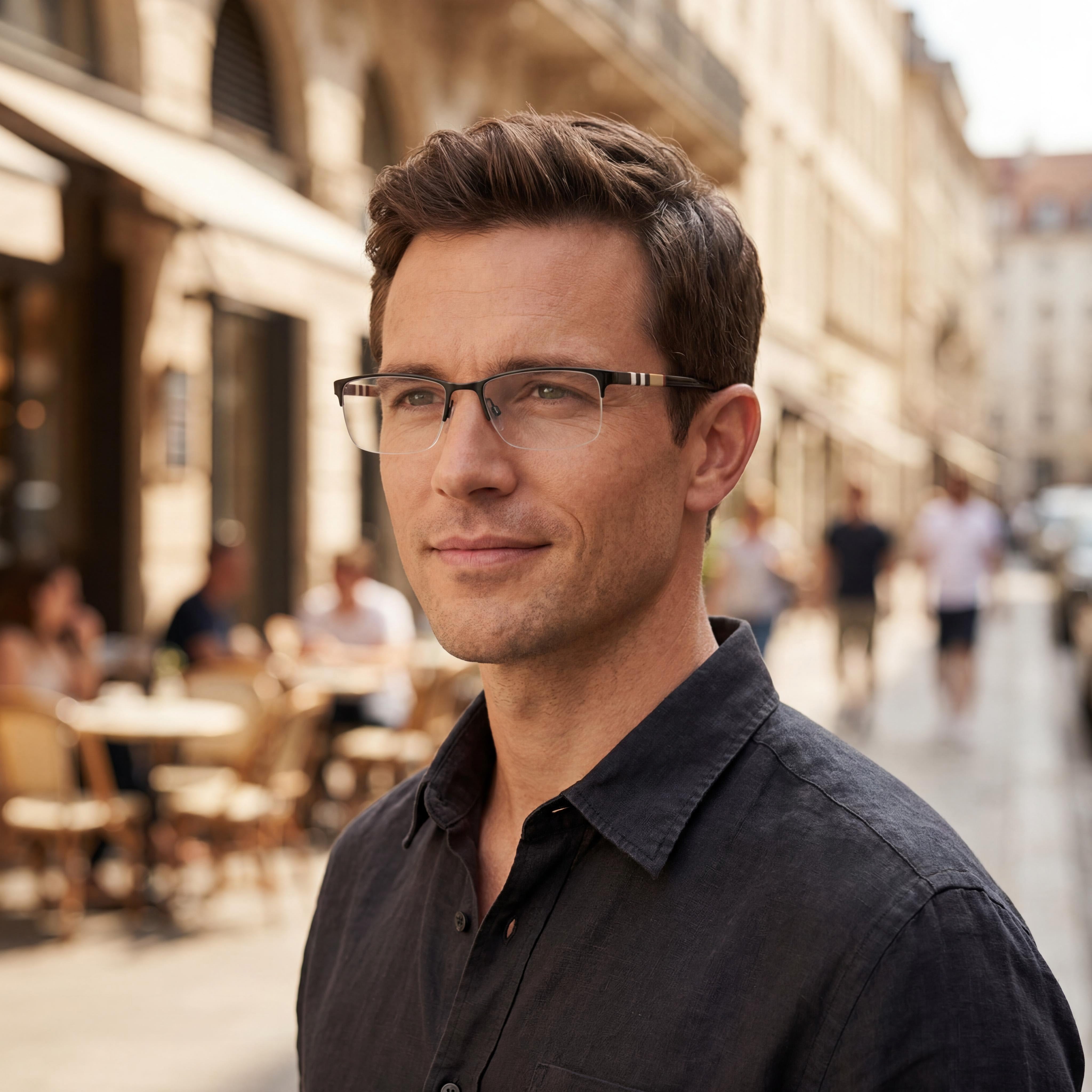 BURBERRY Be 1282 Men's Metal Semi-Rimless Rectangle Eyeglasses with Clear Non- Lenses, Black Frame, 55-18-145mm, Photo 4