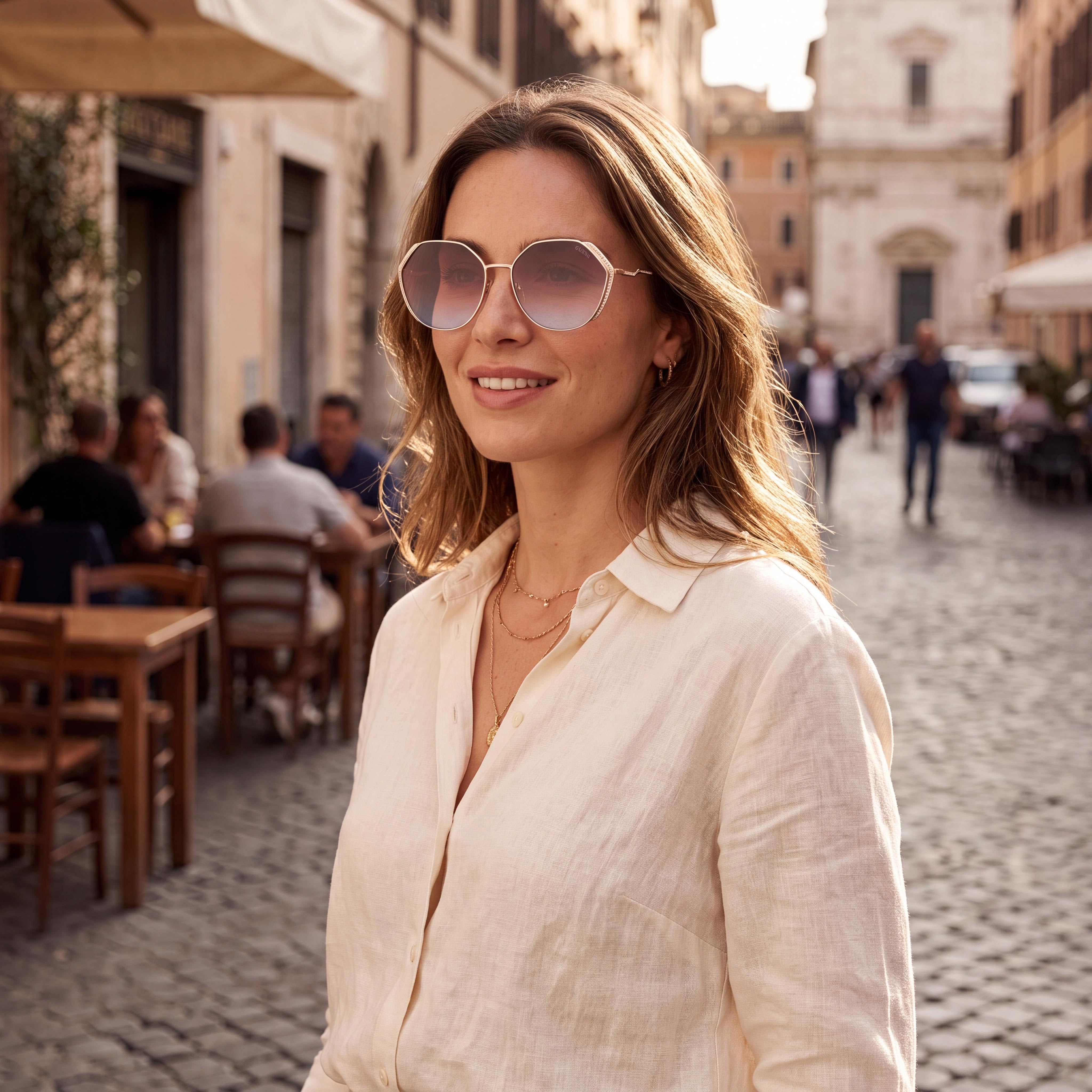 GUESS Geometric Stone Women's Gold Metal Oversize 100% UV Gradient Brown Sunglasses 58mm, Photo 6