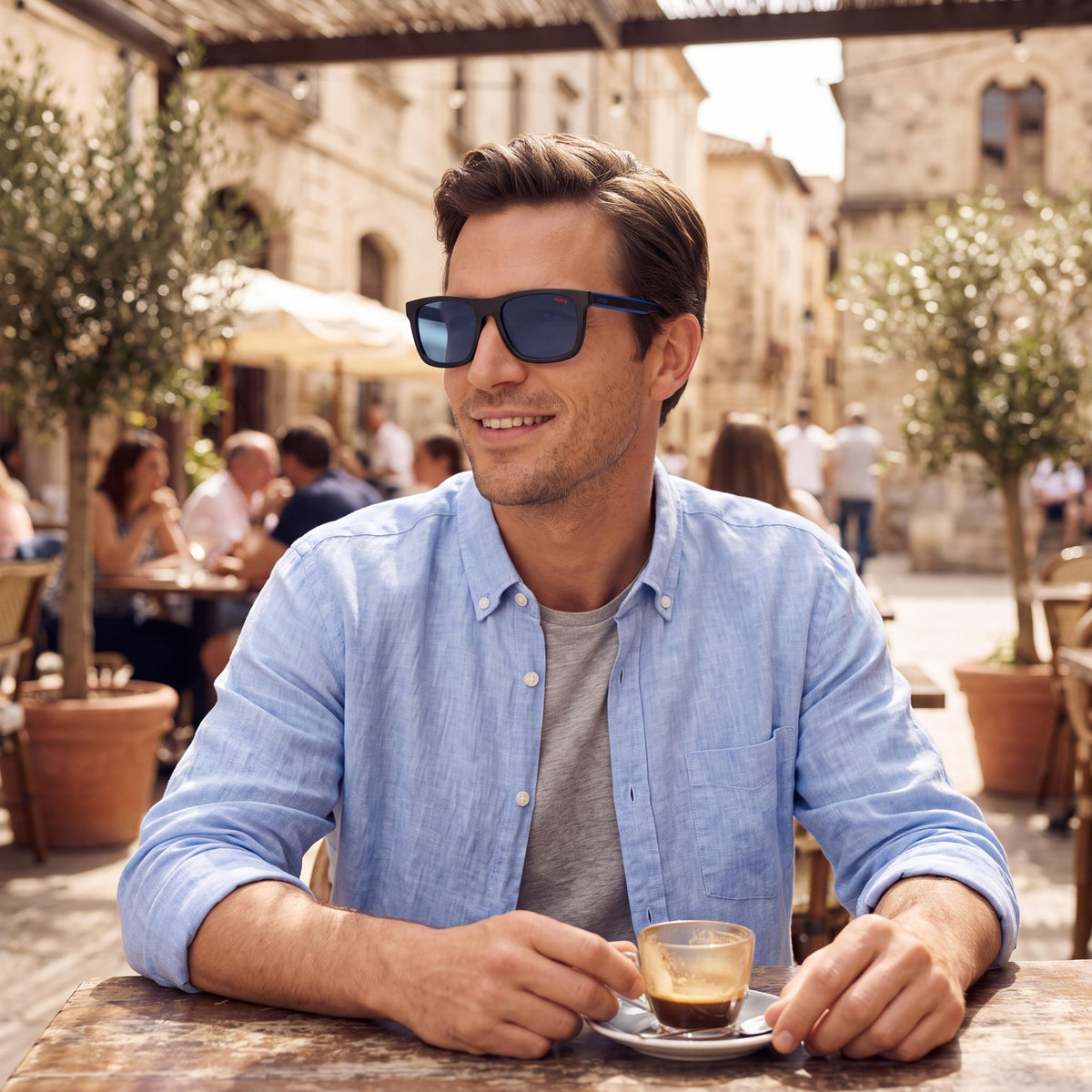 Gafas de sol HUGO informales para hombre de acetato ecológico, negras y azules, no polarizadas, con 100 % de protección UV, 54 mm, Photo 4