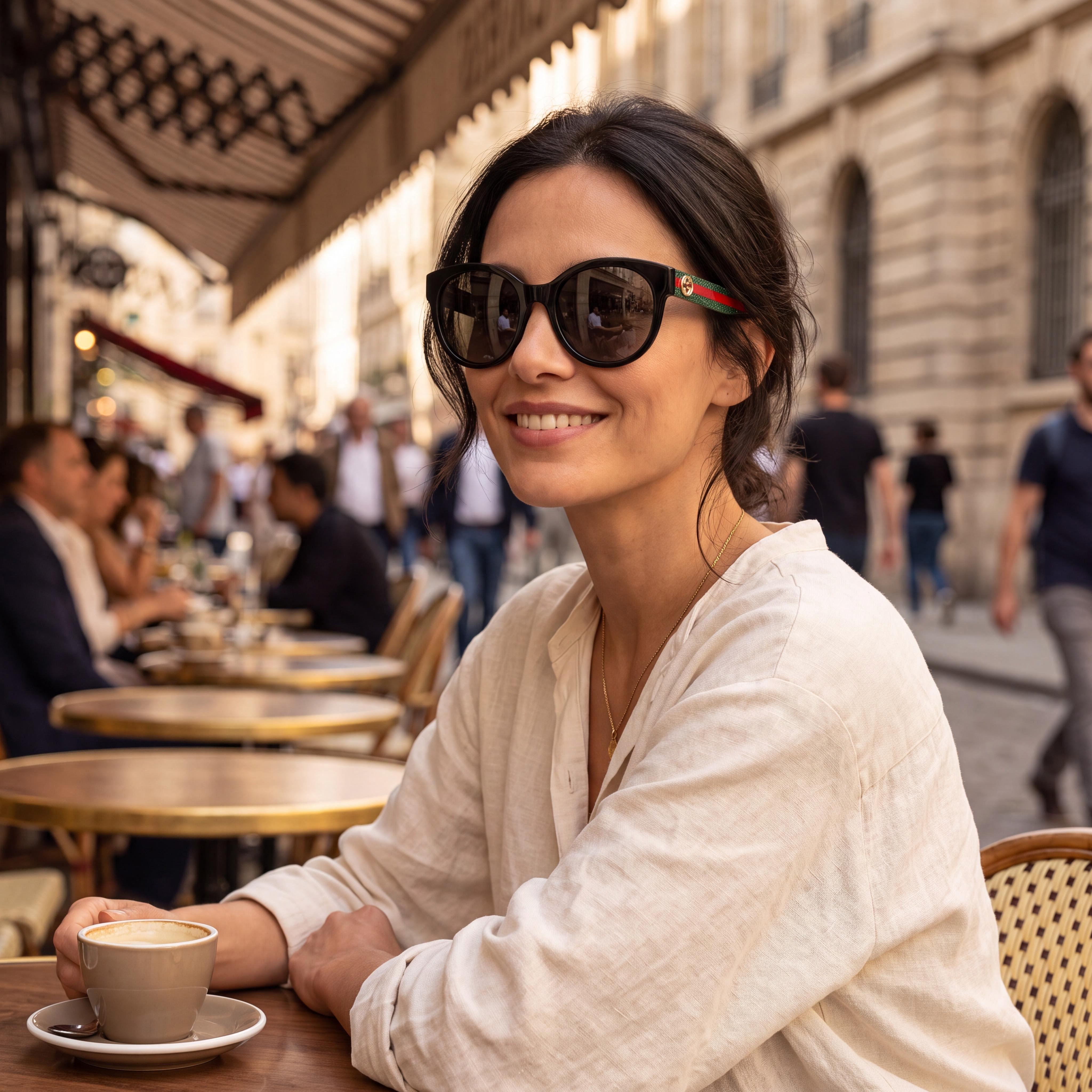 Gucci GG0035SN Women's Fashion Round Shiny Black Plastic Sunglasses with Black Green Gradient UV Protection 54mm, Photo 6