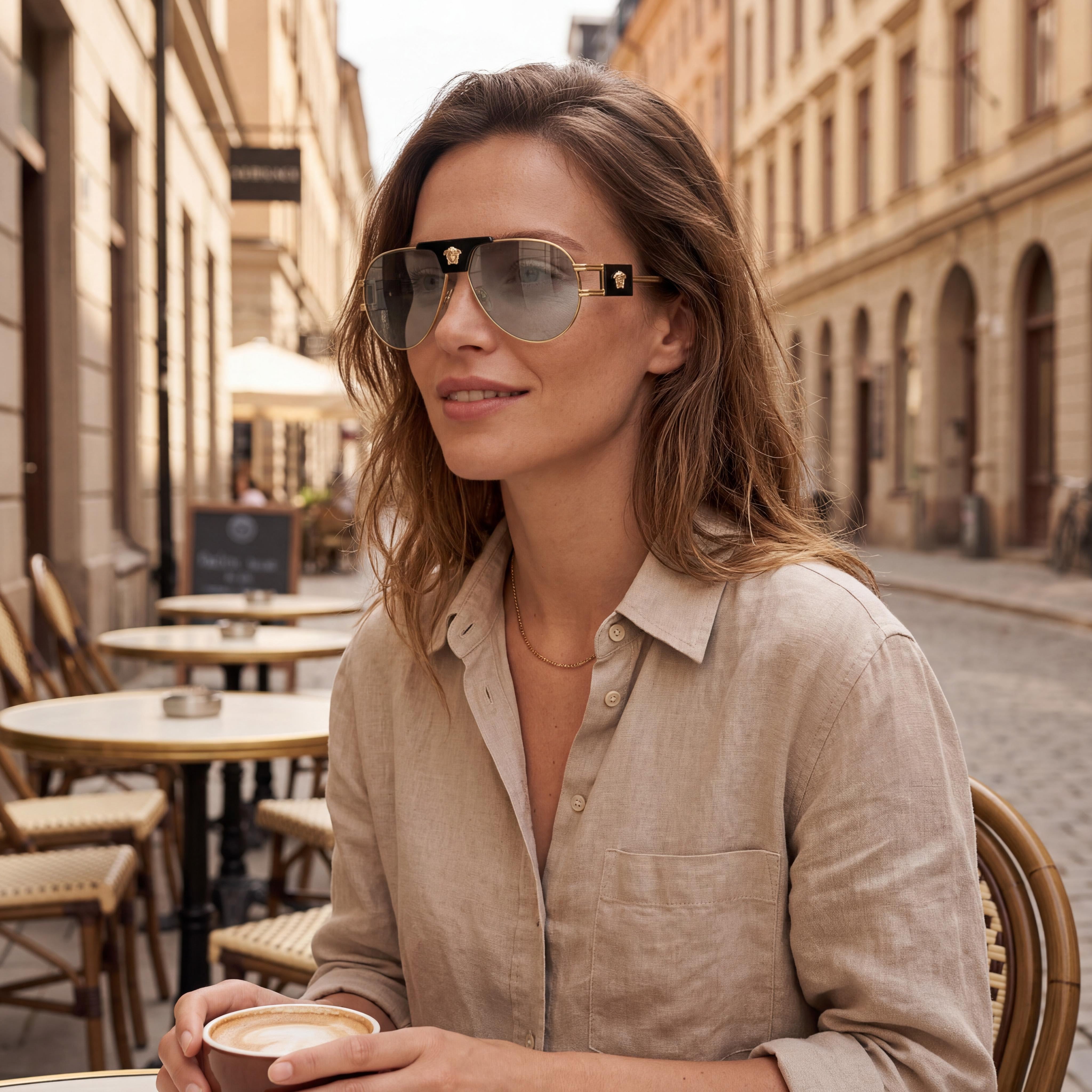 Versace Contemporary Unisex Metal Frame Sunglasses Gold Black Light Grey Mirror Silver Non-Polarized with UV Protection 63mm, Photo 5