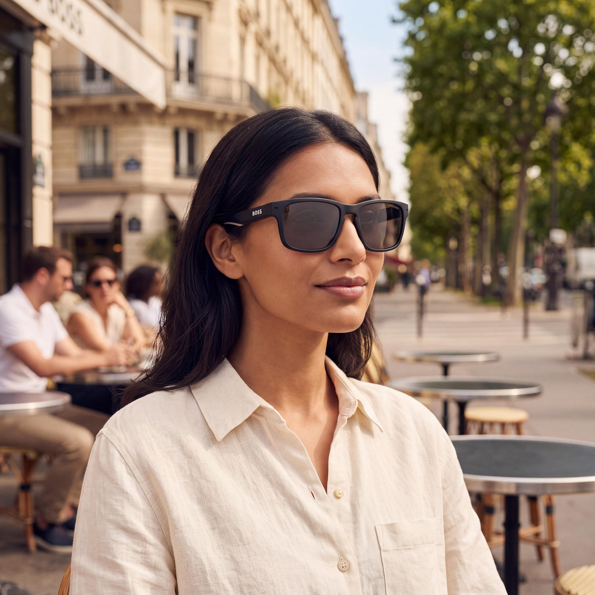 Gafas de sol Hugo Boss contemporáneas unisex de poliamida negra mate y beige, lentes marrones con protección UV, 57 mm, Photo 4