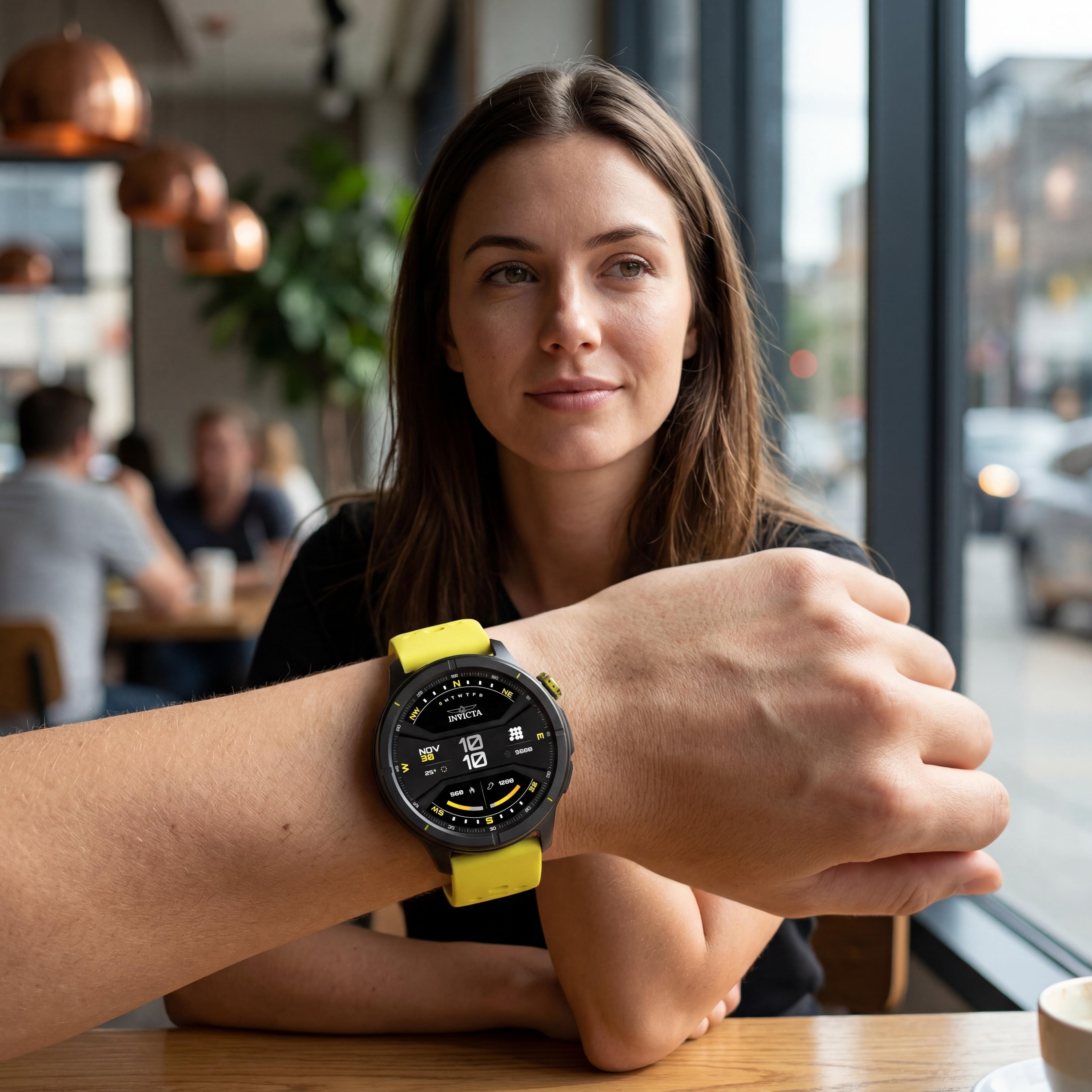 Invicta Modern Unisex Digital Smartwatch, 1.48" Display, Black Case, Yellow Silicone Strap, GPS, Swim Tracking, Photo 4