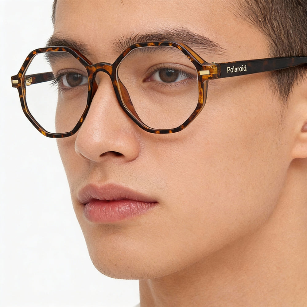 Polaroid Oval Eyeglasses Unisex — side view, Brown Injected temples