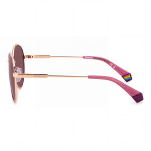 Polaroid Oval Sunglasses Women — side view, Non-Polarized Lilac Gold Copper lens